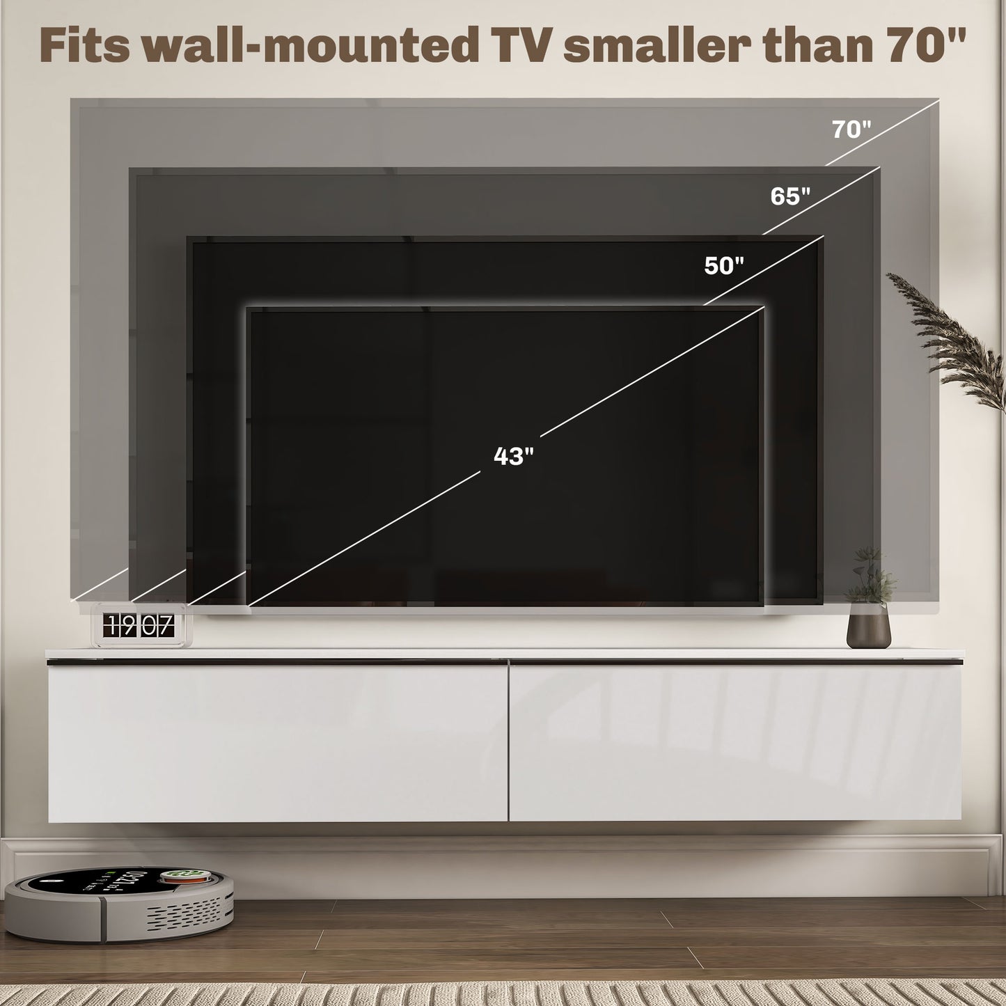 HOMCOM Wall Mounted TV Stand, Floating TV Cabinet for up to 70" TVs with Storage, High Gloss Effect, Brown and Black