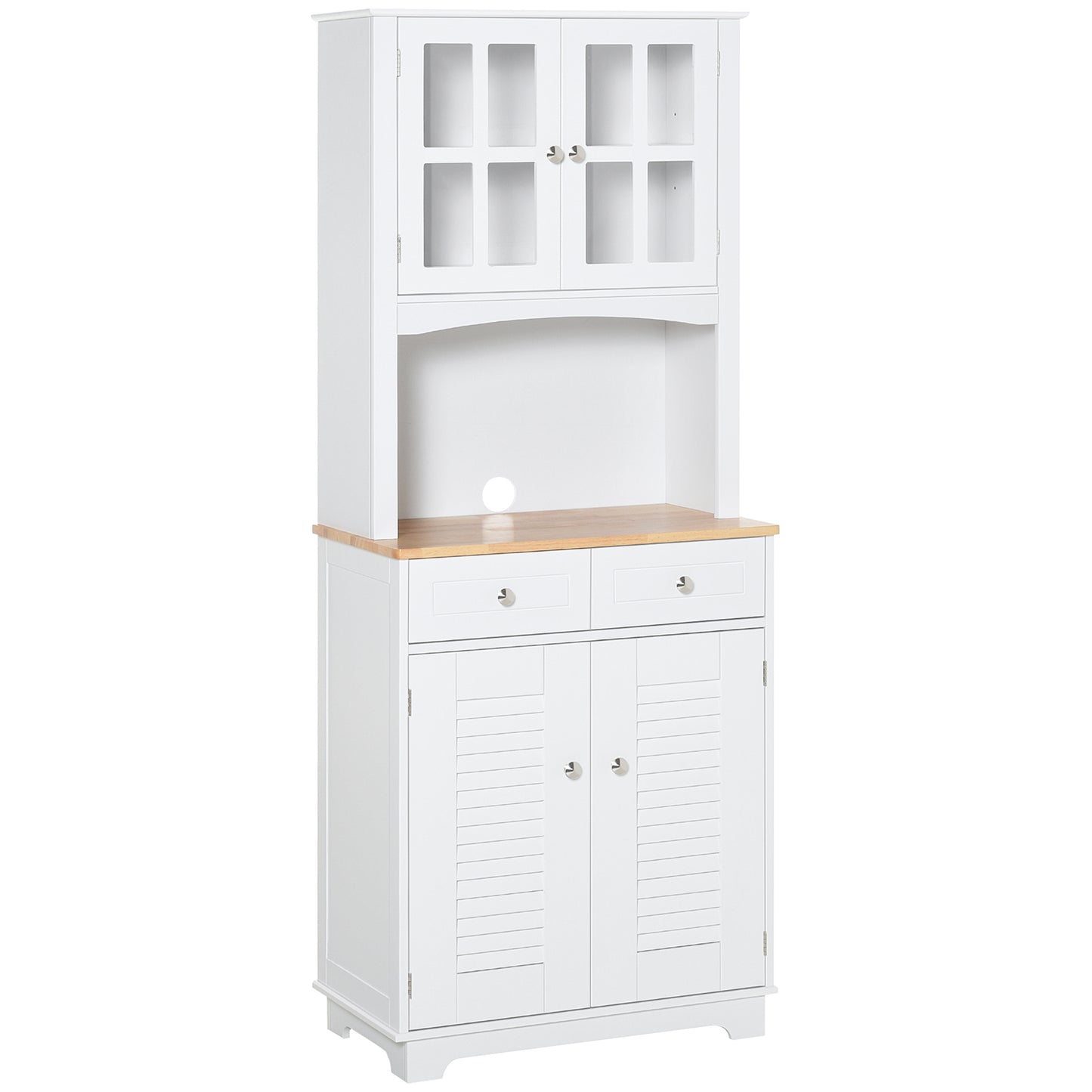 HOMCOM Coastal Style Kitchen Buffet and Hutch Wooden Storage Cupboard with Framed Glass Door LouveredCabinet Drawers Microwave Space for Dining Room Living Room White