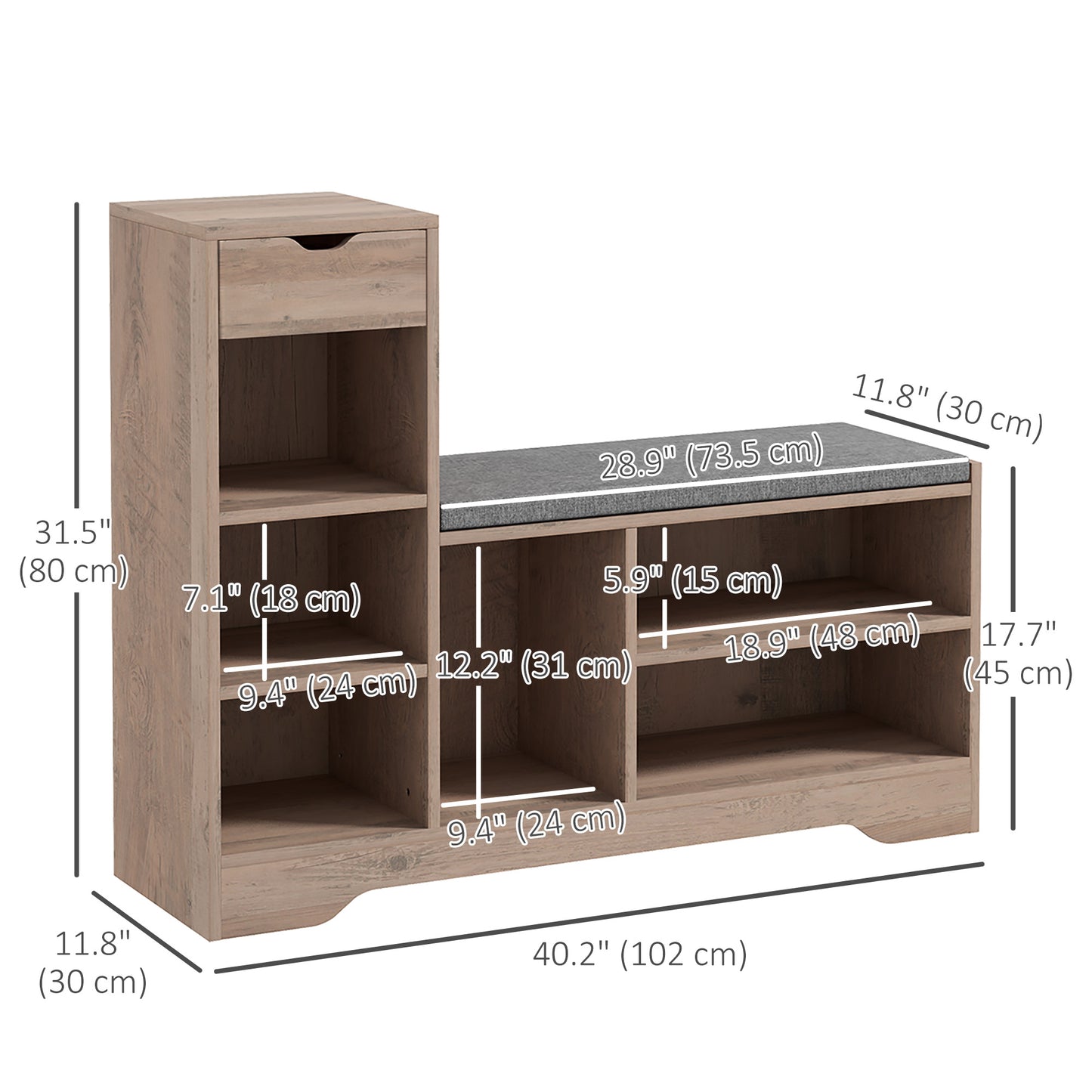 HOMCOM Upholstered Shoe Storage Bench w/ Seat, Entrance Bench w/ Drawer and 6 Open Shelves for Hallway, White