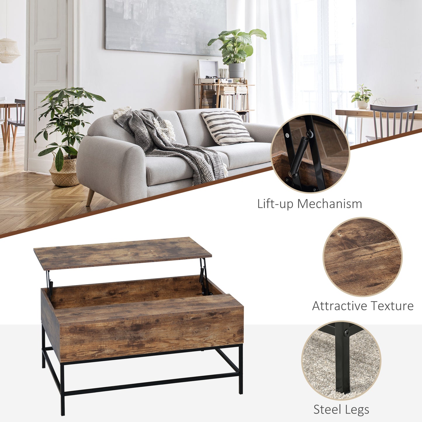 HOMCOM Lift Top Coffee Table with Hidden Storage Compartment Lift Tabletop Center Table for Living Room, Grey