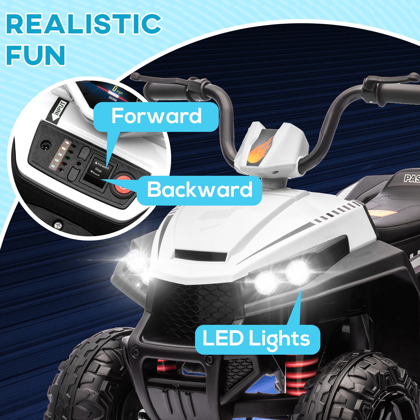 Qaba 12V Kids ATV with Four Wheels Spring Suspension, Forward & Backward, LED Light, MP3, Music, Blue