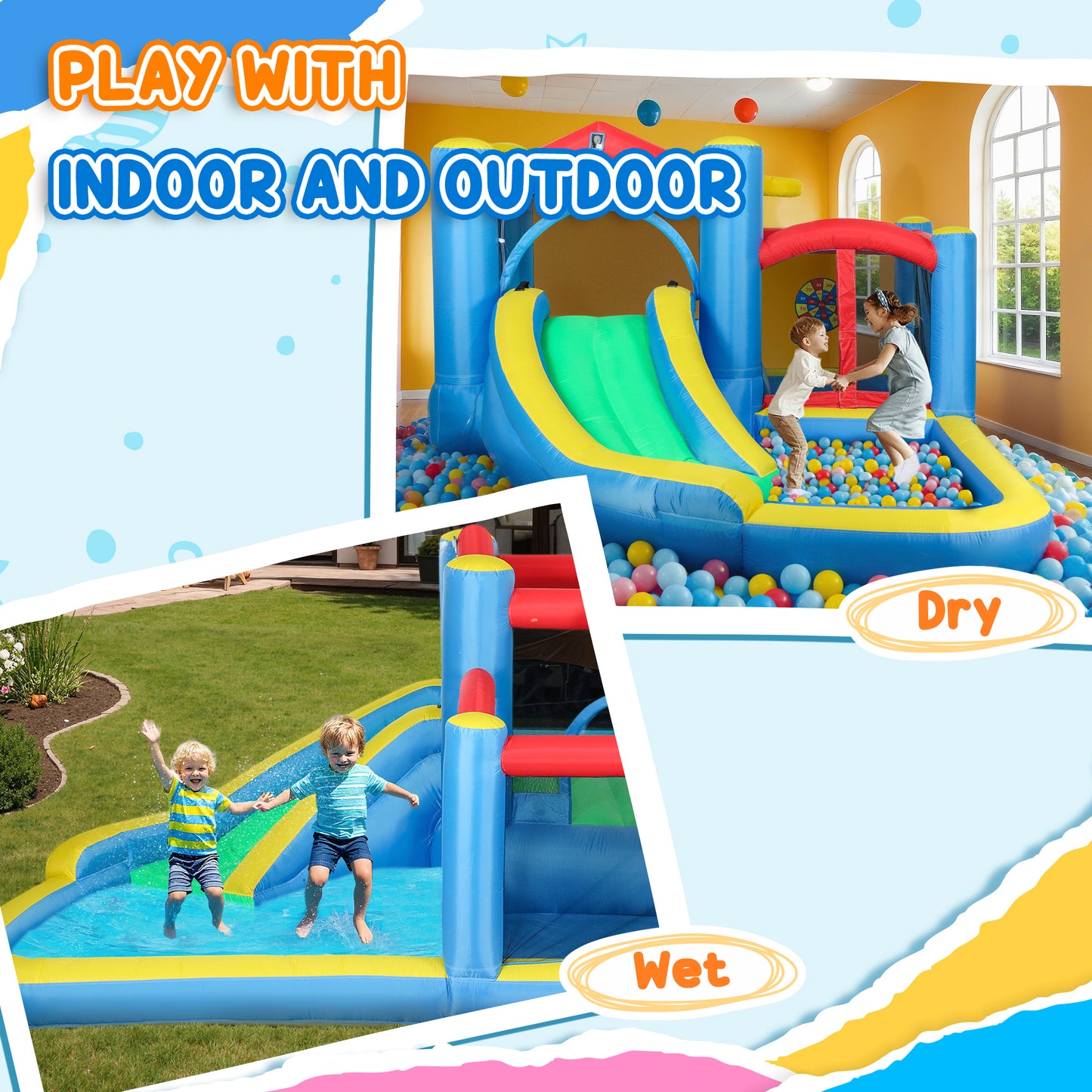 Qaba Bouncy Castle for Kids with 550W Blower, Water Slide, 2 Splash Pools, Basketball Hoop, Dart Board,12.6' x 9.5' x 5.9'