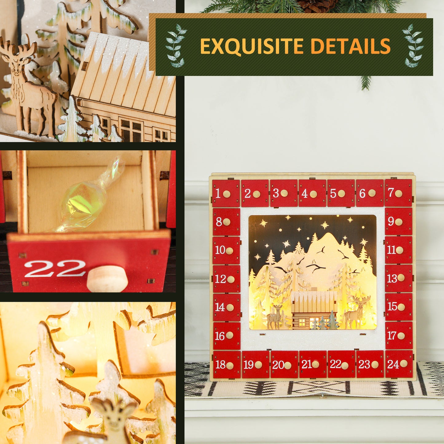 HOMCOM Wooden Christmas Advent Calendar, Lighted 24 Days Xmas Calendar House, Christmas Table Decoration with Countdown Drawers, Bible Characters, Battery Operated, Natural