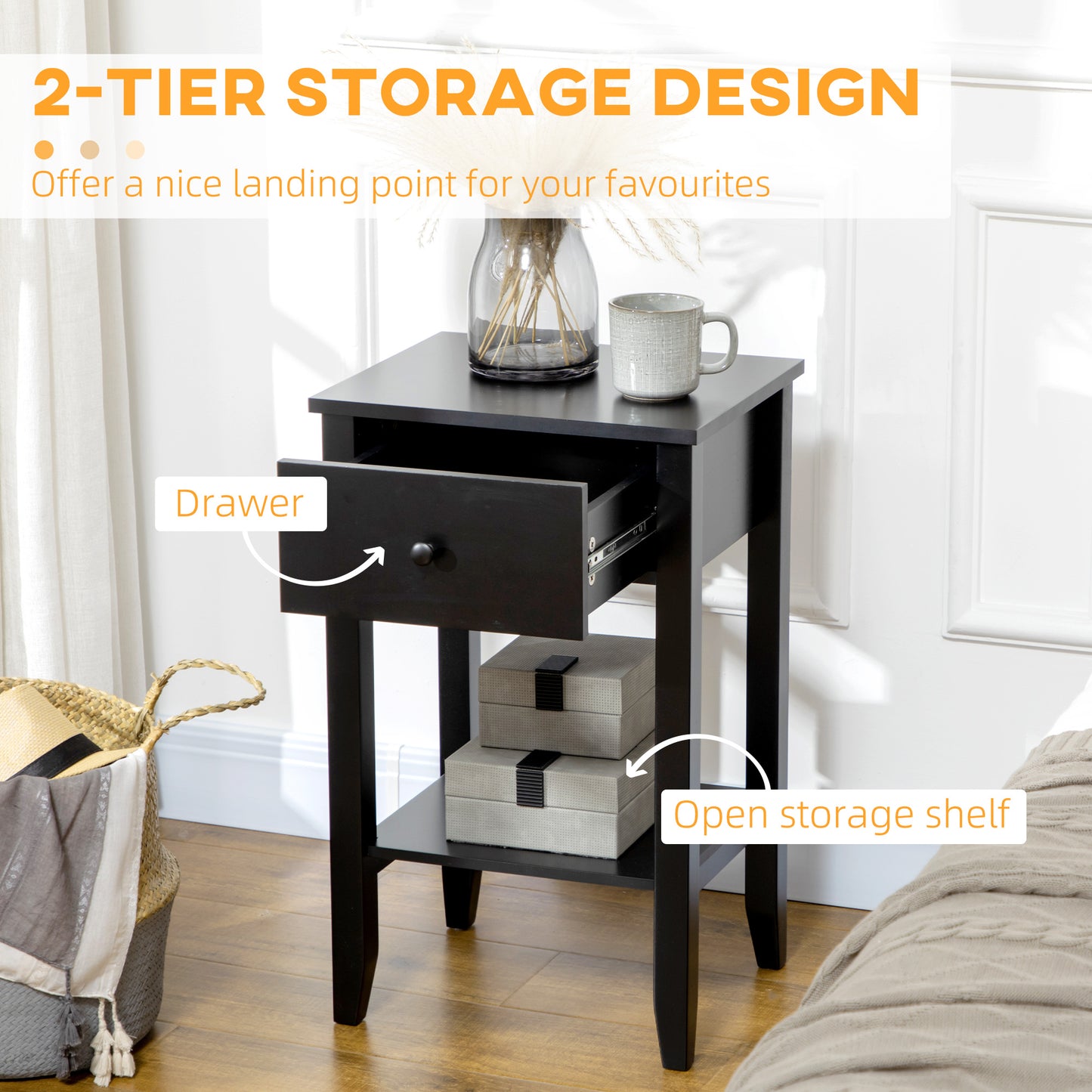 HOMCOM Side Table Set of 2, End Tables with Drawer and Bottom Shelf, 2-tier Nightstand for Bedroom, Living Room, White