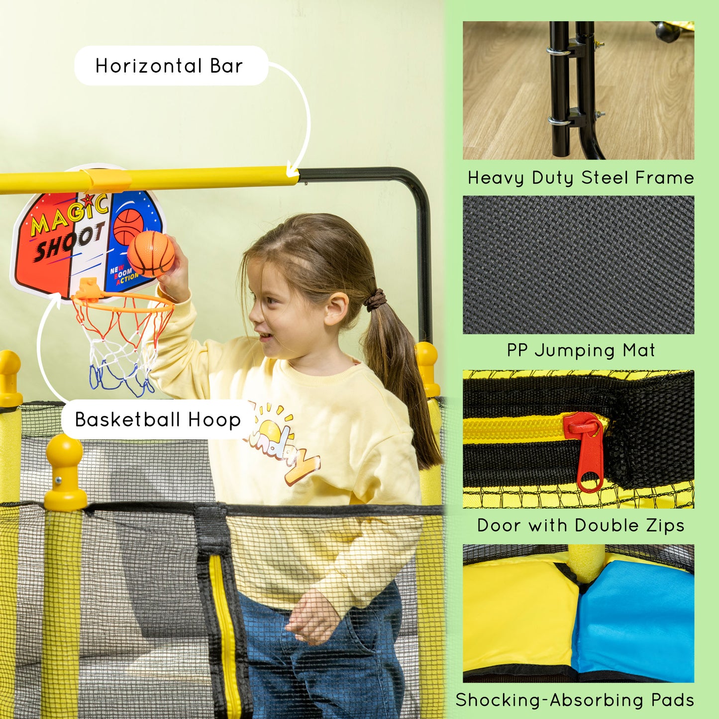 Qaba 4.6FT Trampoline for Kids with Enclosure Net for Ages 3-10, Indoor Outdoor Use, Black