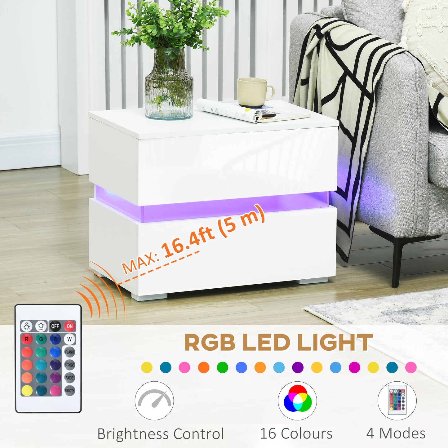 HOMCOM Modern Nightstand, Bedside Table with 2 Drawers, USB Powered RGB LED Lights, Remote for Bedroom, White
