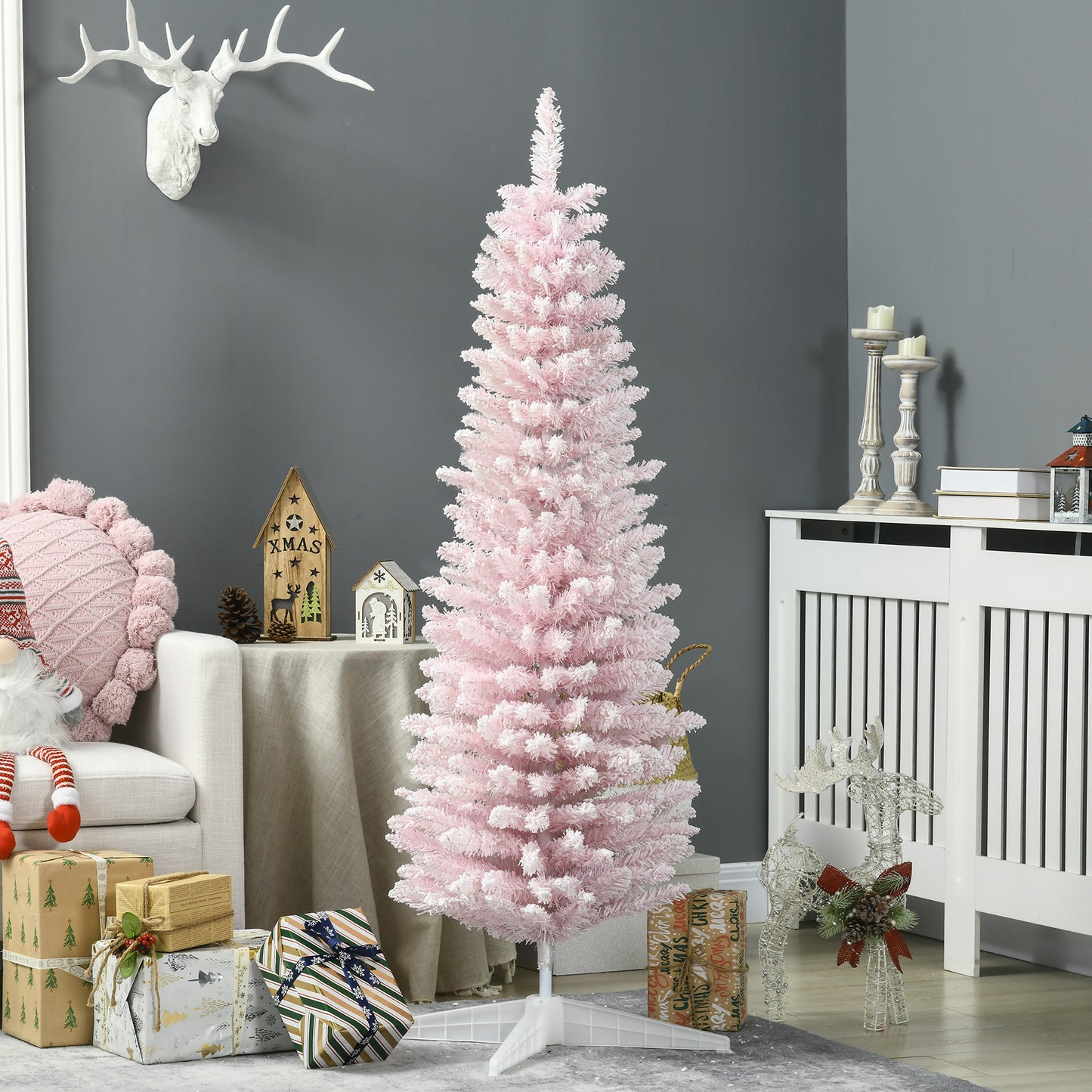 HOMCOM 6ft Flocked Christmas Tree, Pencil Artificial Christmas Tree with Realistic Branches, Pink