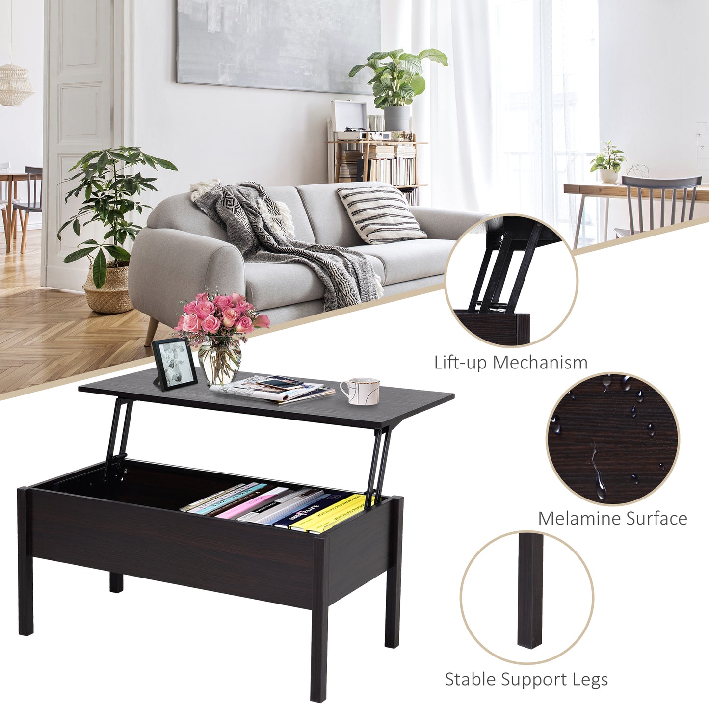 HOMCOM 39" Modern Lift Top Coffee Table with Hidden Storage Compartment, Center Table for Living Room, Grey