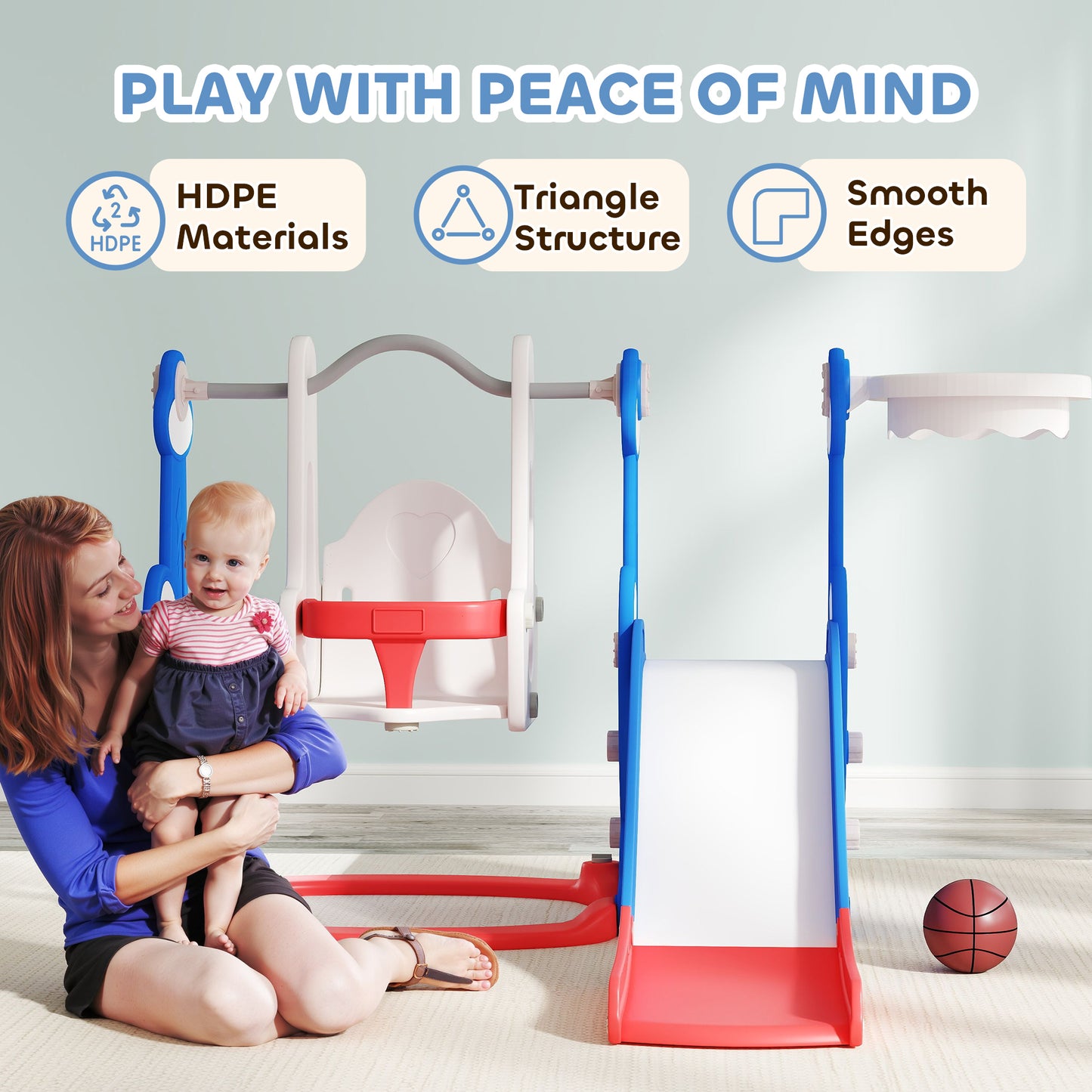 Qaba 8 in 1 Slide and Swing Set, Baby Swing Set with Basketball Hoop, Climber, Steering Wheel, for Aged 1-3 Years, Yellow