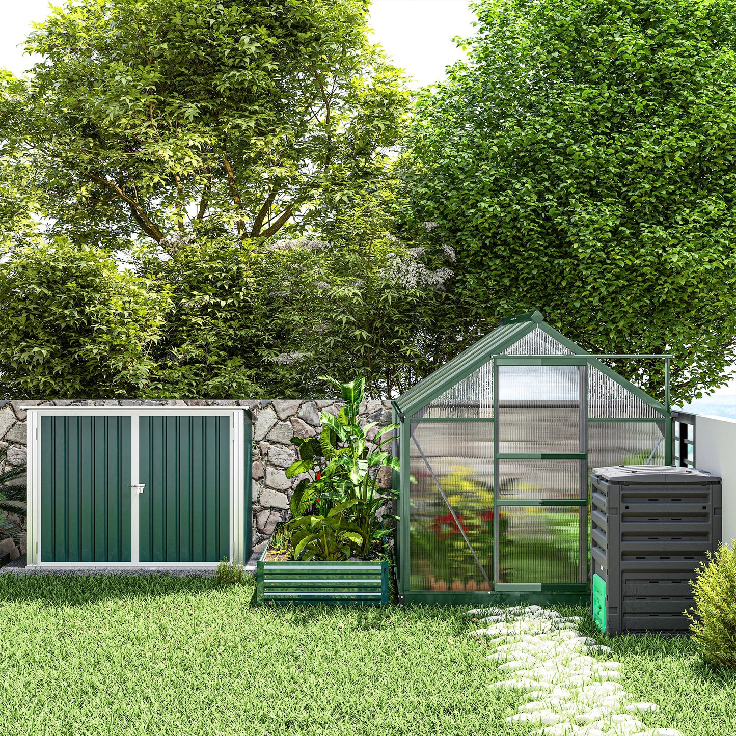 Outsunny Outdoor Metal Storage Shed Garden Garbage Can Organizer with Double Door and Vents for 2 Trash Cans, Dark Grey