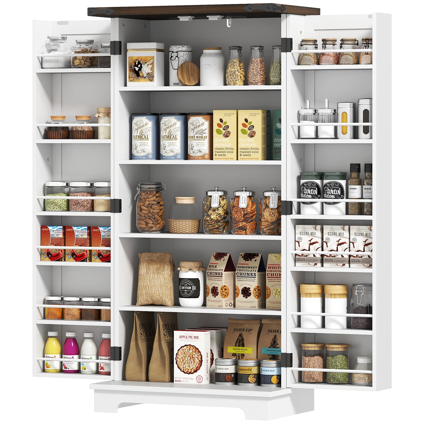 HOMCOM Farmhouse Kitchen Pantry Storage Cabinet, Kitchen Pantry Cabinet with Doors and Adjustable Shelves, White