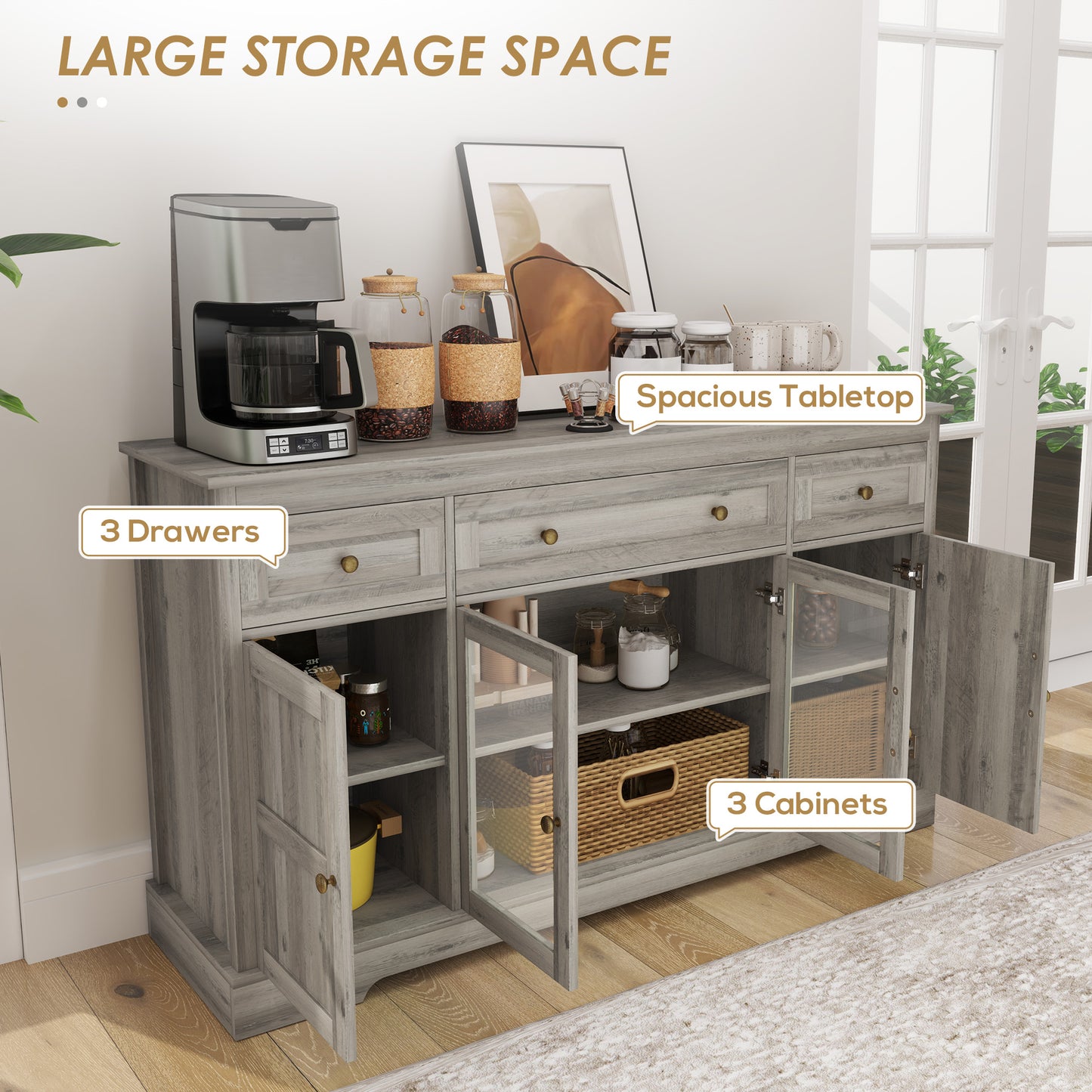 HOMCOM Sideboard Buffet Cabinet with Storage, Coffee Bar Cabinet with Glass Doors and Adjustable Shelves, Distressed White