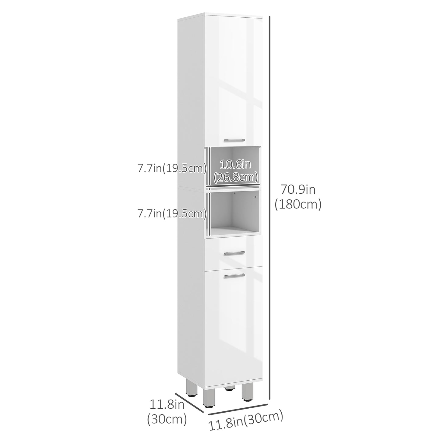 kleankin 71" Tall Bathroom Storage Cabinet, Narrow Linen Tower with Drawer, Open Shelves, 2 Doors Cabinets and Adjustable Shelves, High Gloss White