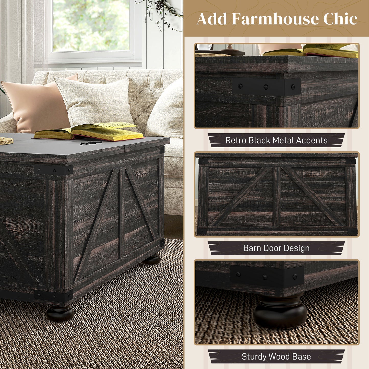 HOMCOM Farmhouse Coffee Table, Square Center Table with Flip-top Lids, Hidden Storage Compartment and Wooden Legs, Oak