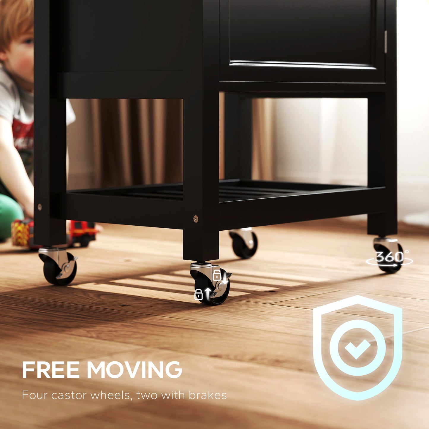 HOMCOM Kitchen Island on Wheels, Rolling Kitchen Cart with Wood Top, Towel Rack, Drawer and Shelf for Dining Area, Black