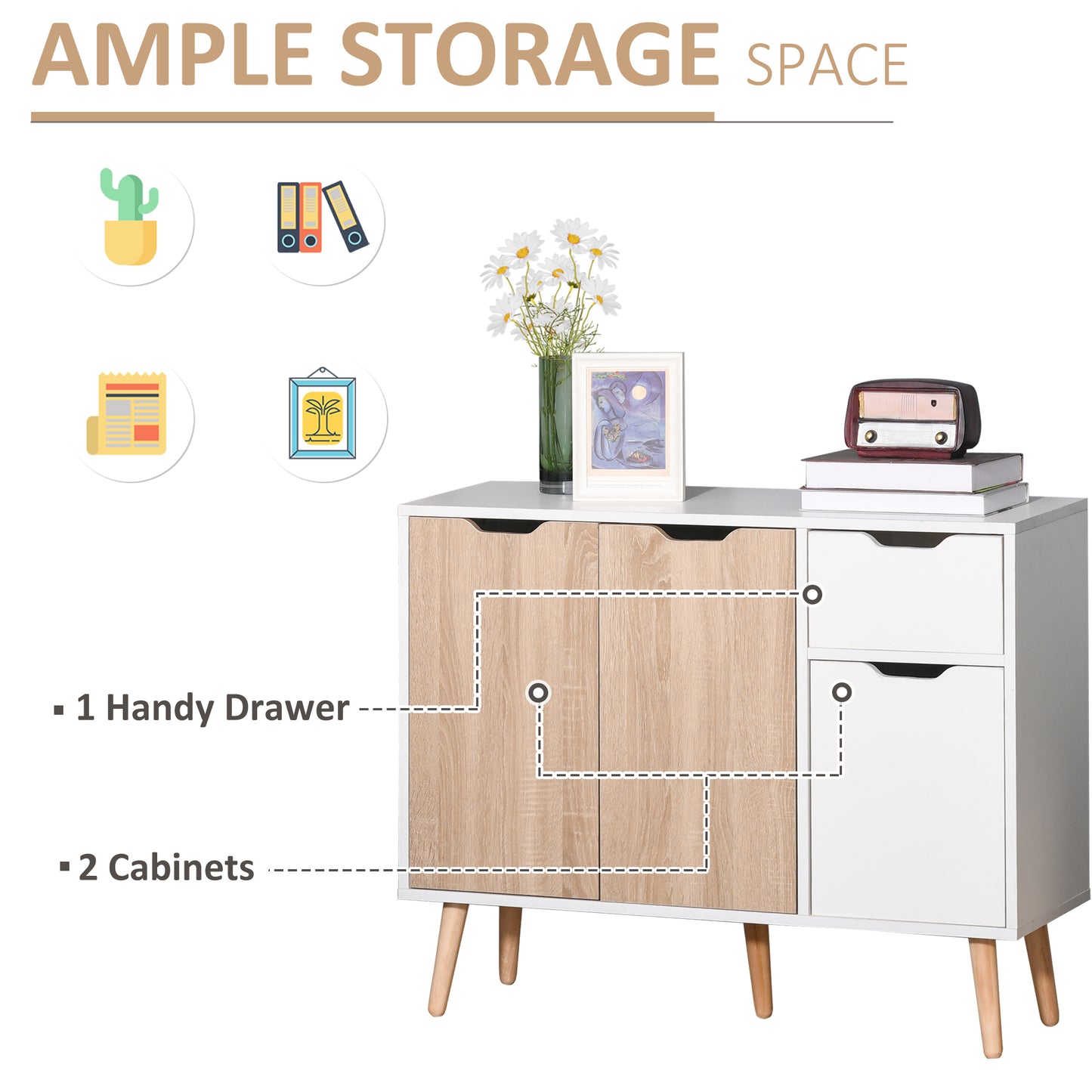 HOMCOM 35" Sideboard Storage Cabinet with Drawer, White and Grey