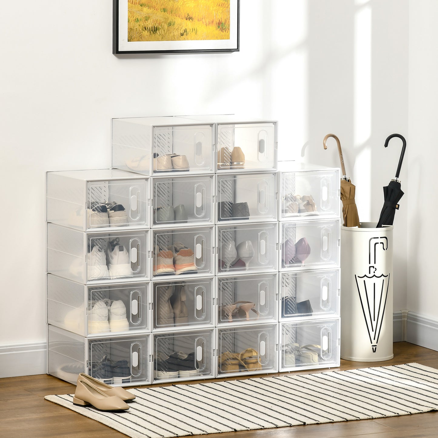HOMCOM 18 Pack Shoe Storage Boxes, Space-saving Shoe Organizers, Clear Plastic Stackable Holders Containers with Front Opening