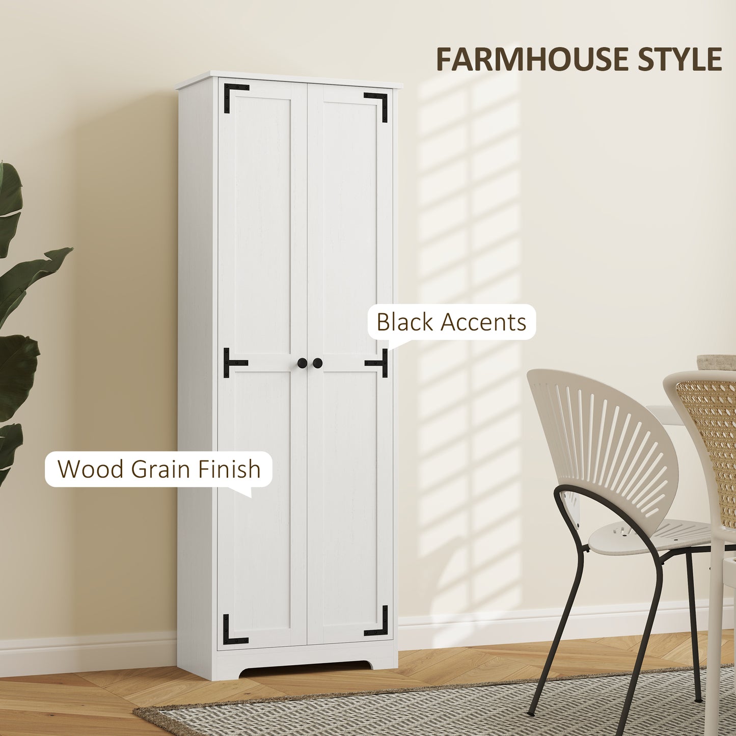 HOMCOM 67" Farmhouse Pantry Cabinet with 2 Doors, Tall Storage Cabinet with Adjustable Shelves, Distressed White