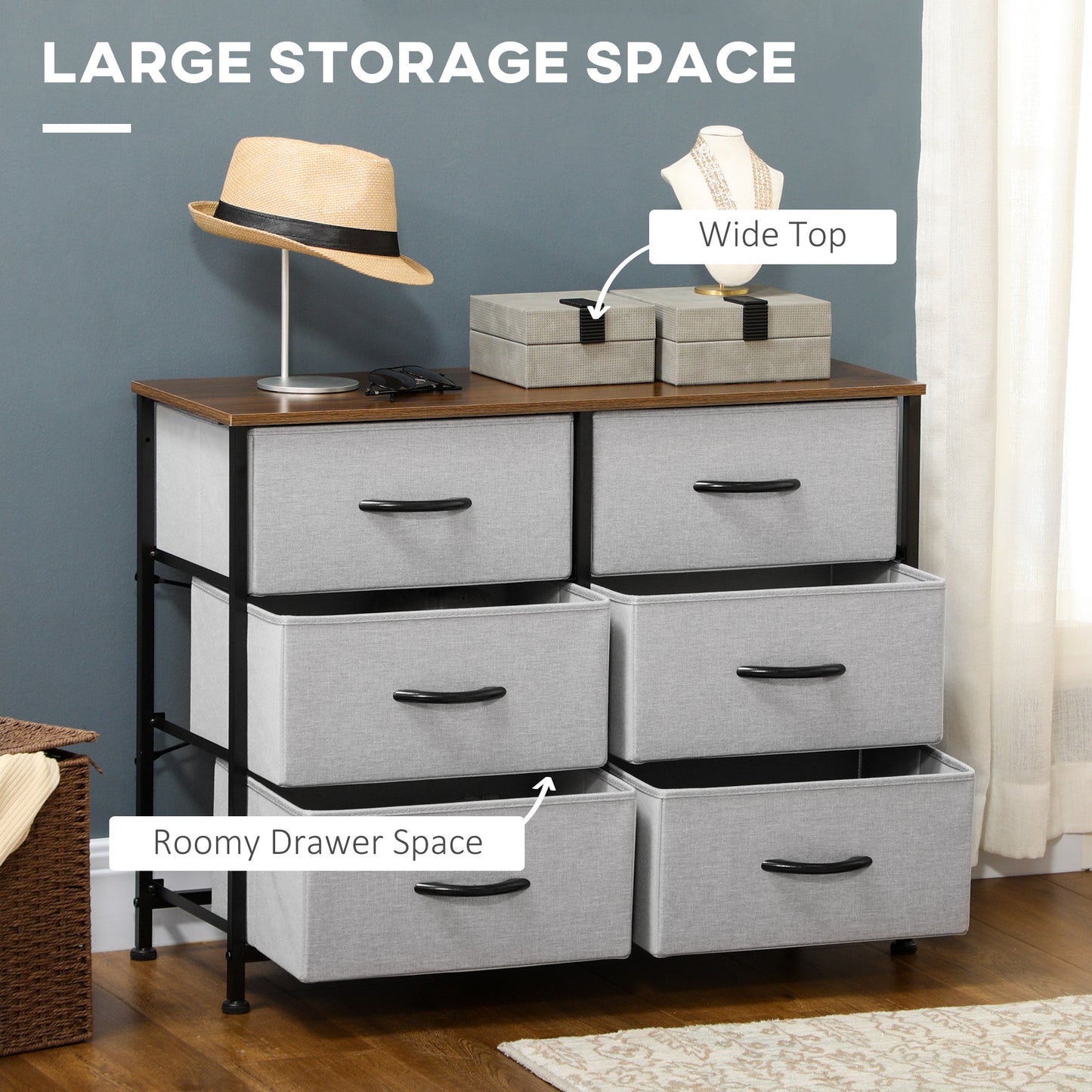 HOMCOM 6 Drawer Dresser for Bedroom, Fabric Chest of Drawers with Steel Frame, Wood Grain Top and Handles, Grey