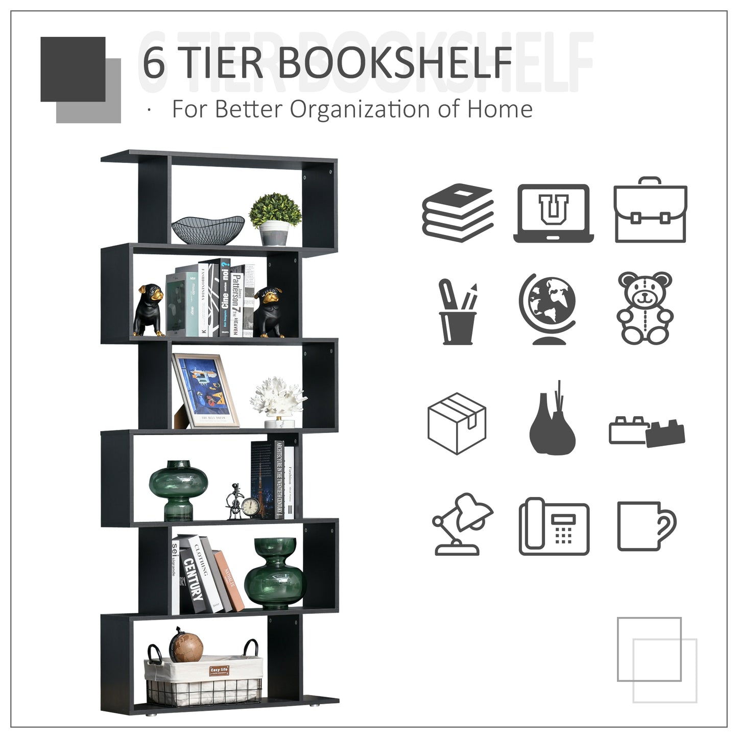 HOMCOM Wooden S Shape Bookcase 6 Shelves Storage Display Home Office Furniture