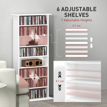 HOMCOM 8-Tier DVD Shelf with 6 Adjustable Shelves, Slim CD Shelf, Holds 360 CDs, 185 DVDs or 185 Blu-rays, White