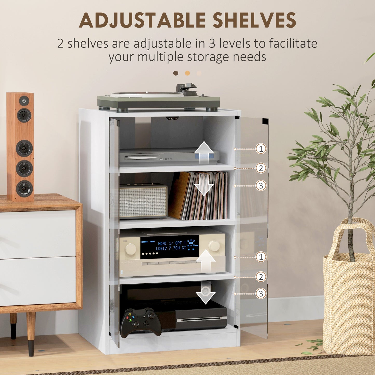 HOMCOM 5-Tier AV Media Stand with Push to Open Glass Doors, Audio-Video Storage Cabinet with Adjustable Shelves for DVD Players, Games Consoles, Routers, Distressed Black