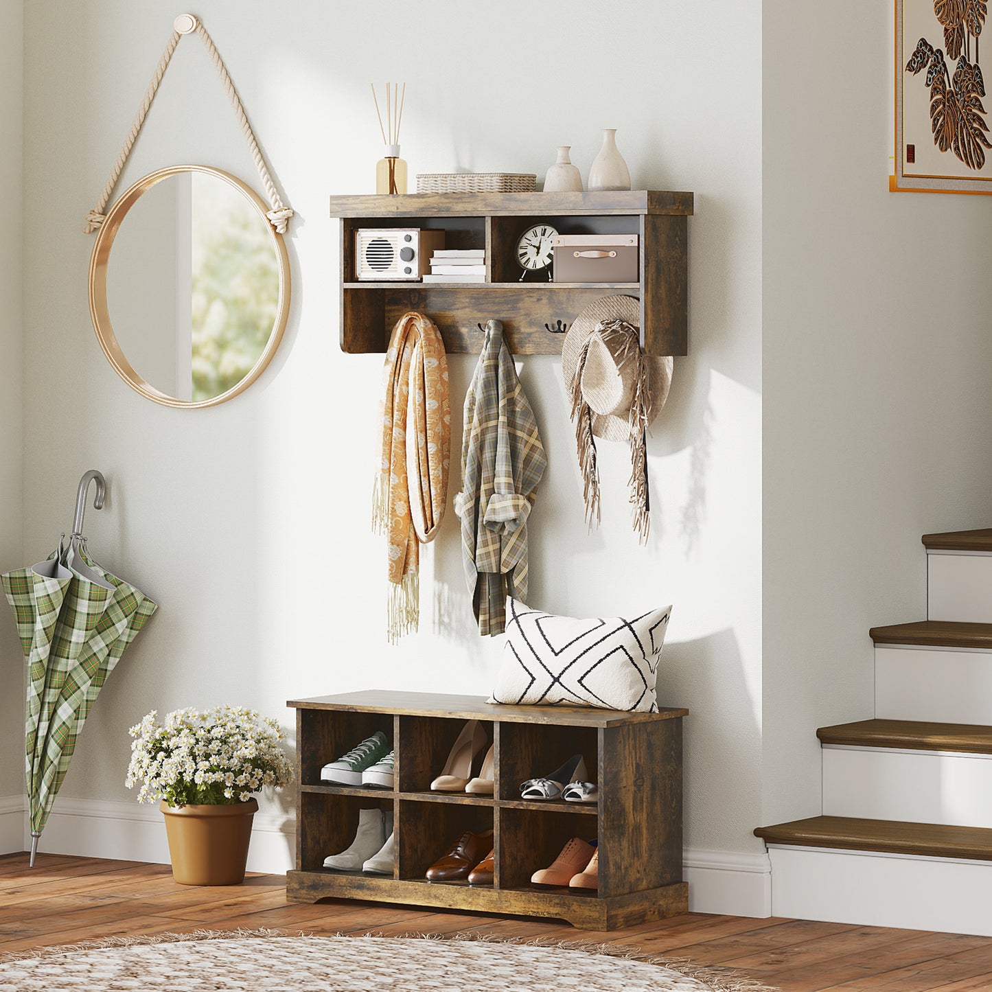HOMCOM Coat Rack Shoe Bench Set, Entryway Shoe Bench with 8 Storage Cubbies, 4 Hooks for Hallway, Living Room, Rustic Brown