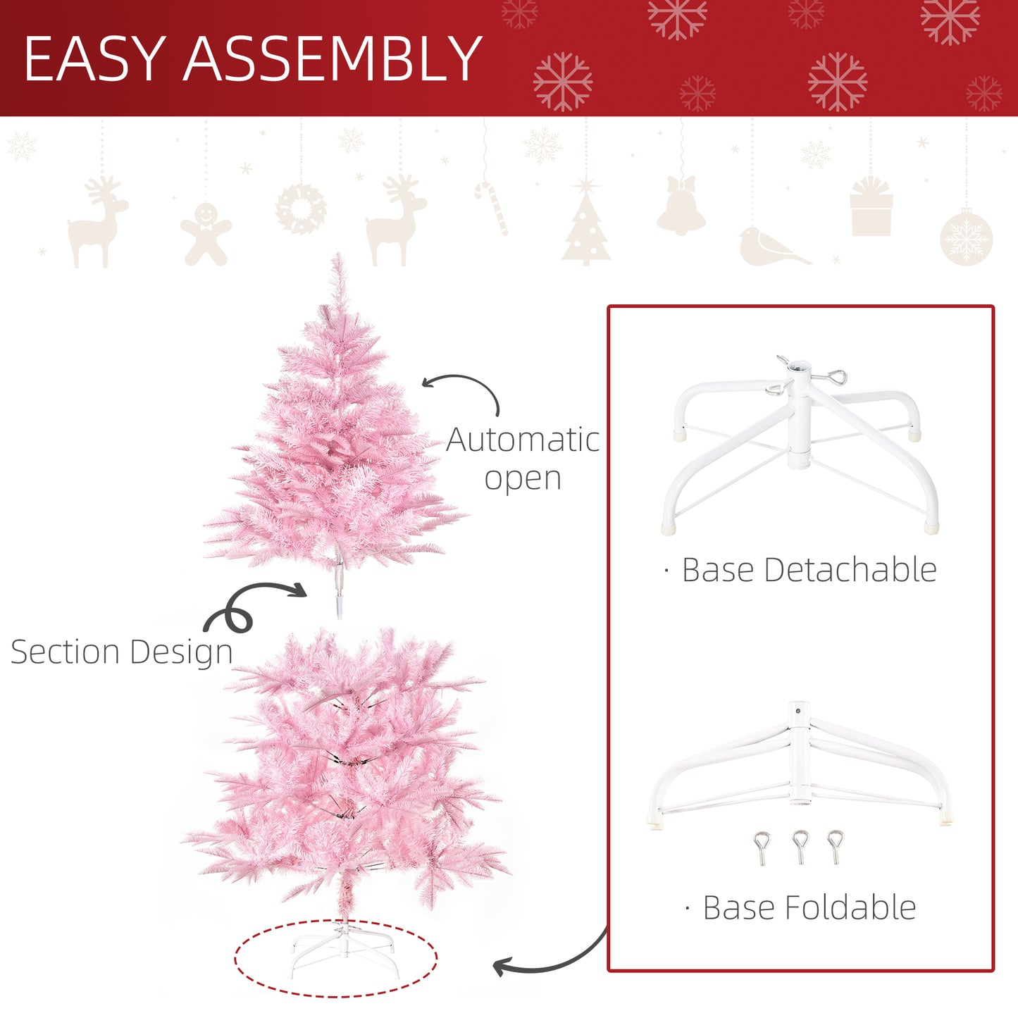 HOMCOM 5FT Artificial Christmas Tree Holiday Xmas Tree Decoration with Automatic Open for Home Party, Pink