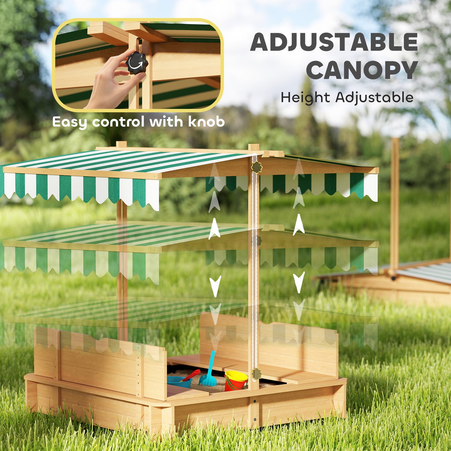 Outsunny Kids Wooden Sandbox Outdoor Backyard Playset Children Play Station w/ Adjustable Canopy & Convertible Bench Sand for 3-7 Years Old