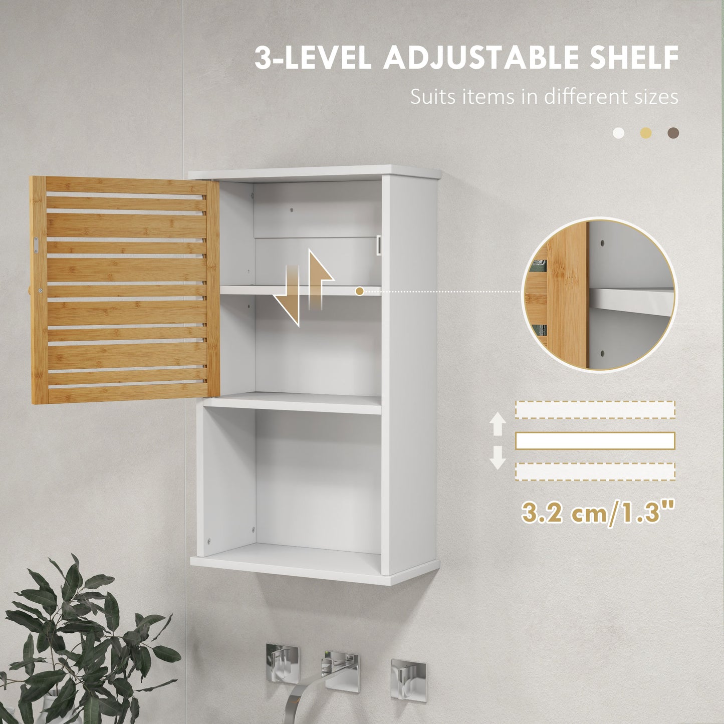 HOMCOM Wall Mounted Bathroom Cabinet with Storage, Bathroom Wall Cabinet with Bamboo Slat Door and Adjustable Shelf, White
