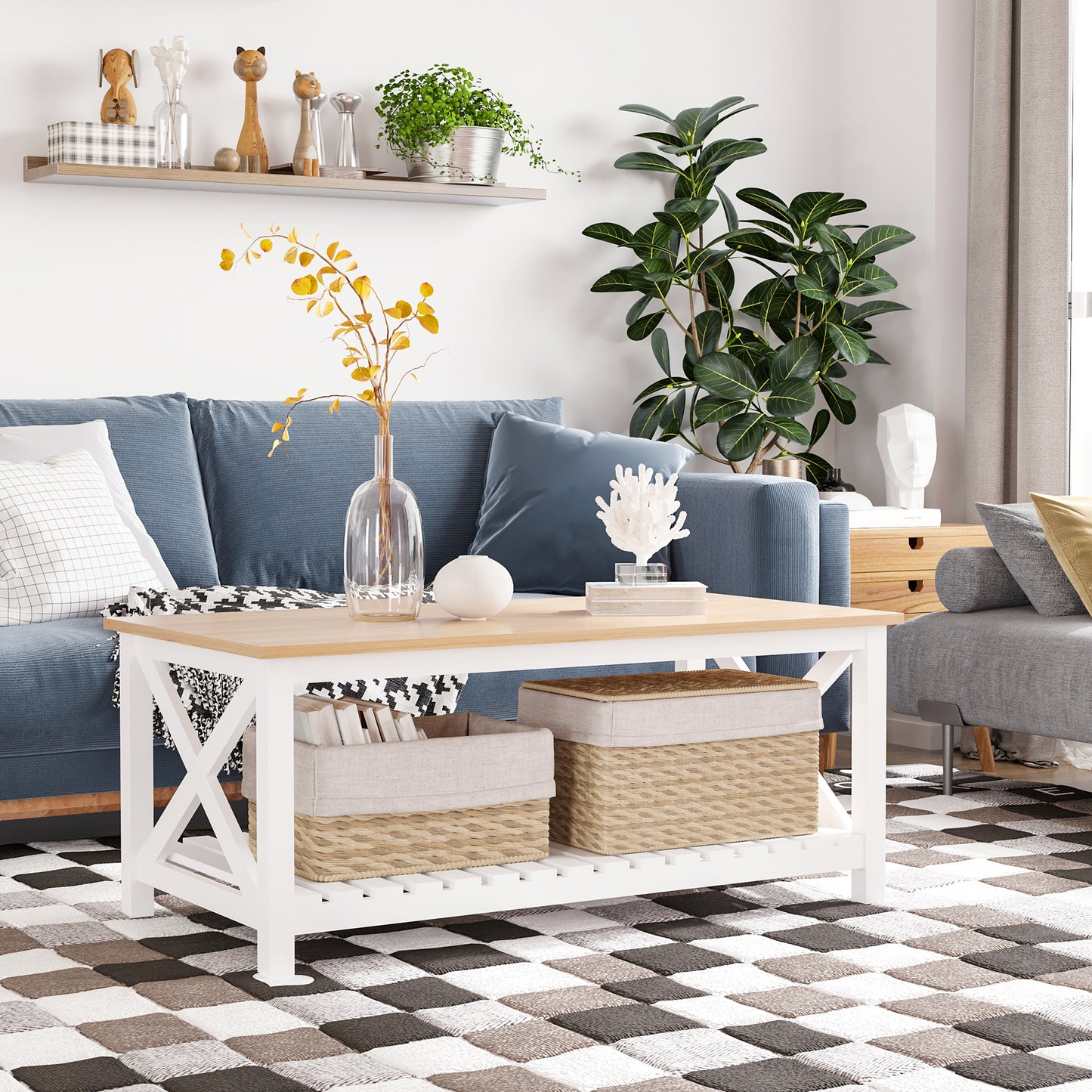 HOMCOM Farmhouse Coffee Table with Slatted Bottom Shelf, Center Table with X Bar Frame for Living Room, White, Natural