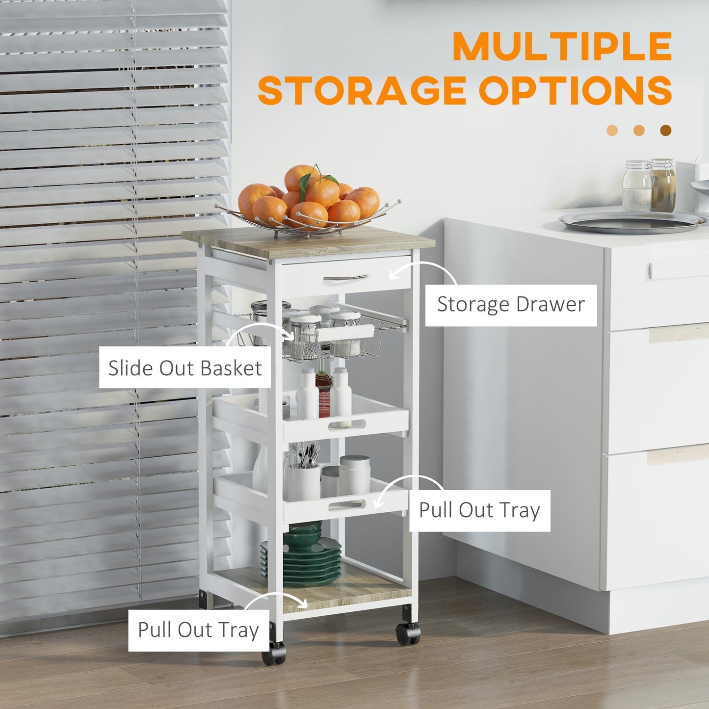 HOMCOM Rolling Kitchen Island Cart, Mobile Utility Storage Cart with Drawer, Wire Storage Basket, Removable Tray, Grey