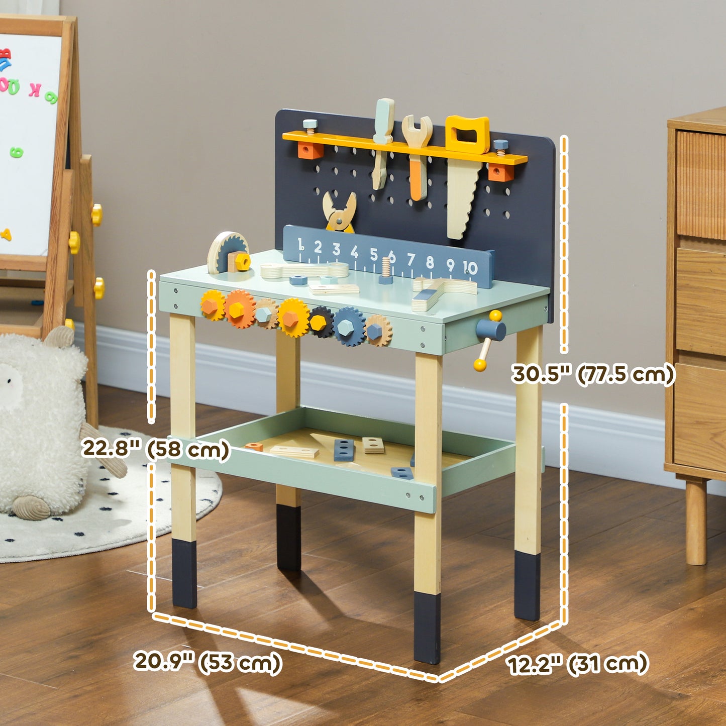 Qaba 49 Piece Kids Workbench Playset for Boys Girls 3-6 Years, Light Blue