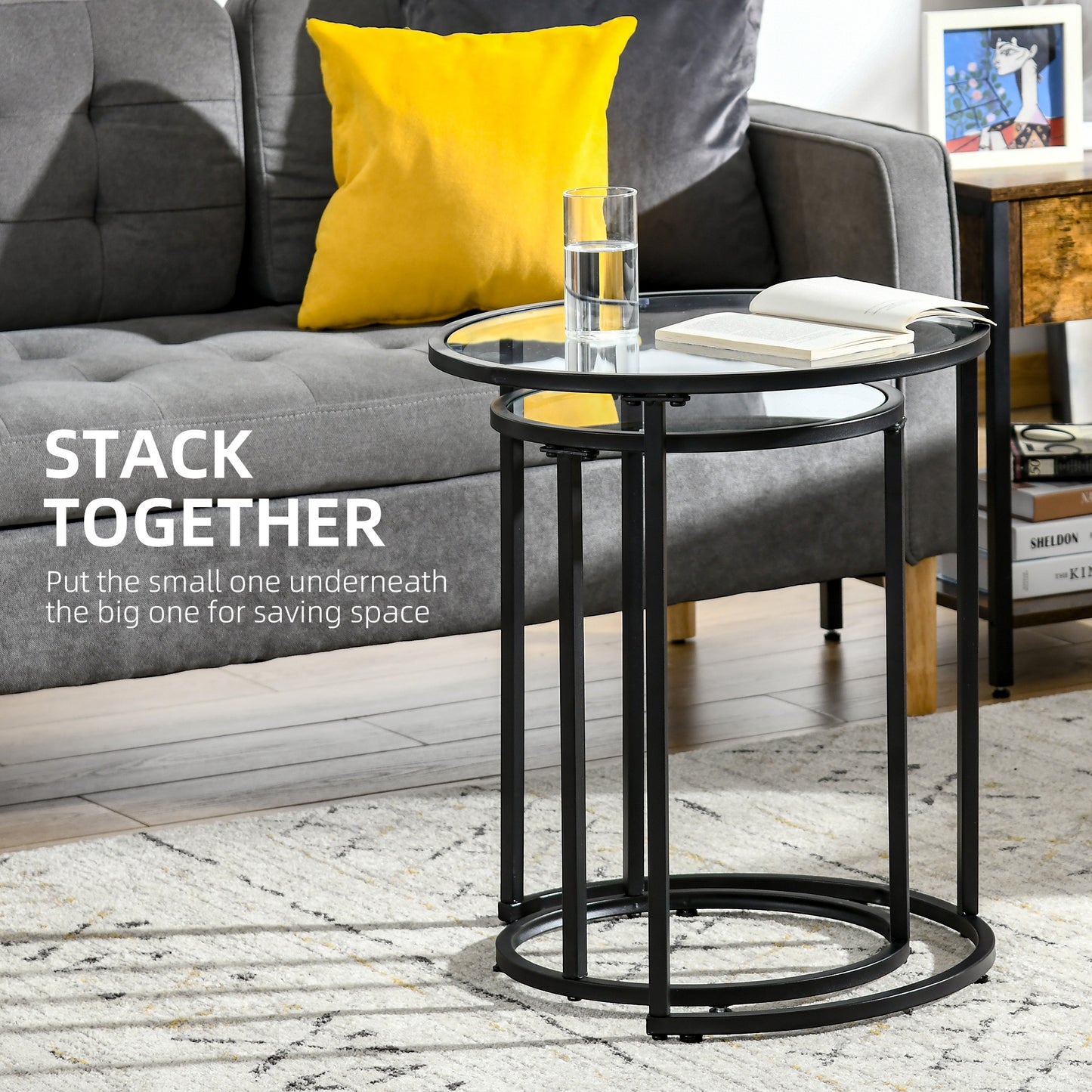 HOMCOM Set of 2 Nesting Coffee Tables with Metal Base, Round Side Table with Tempered Glass Tabletop for Living Room, Bedroom, Gold