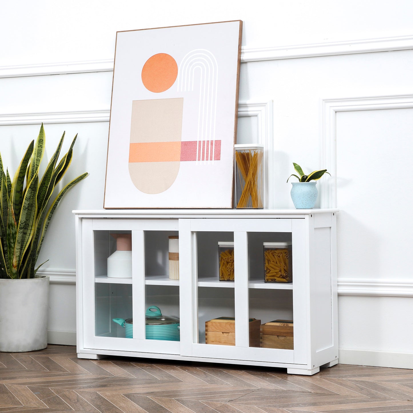 HOMCOM Kitchen Sideboard, Stackable Storage Cabinet, Sliding Glass Door Console, Serving Buffet for Kitchen & Dining Room