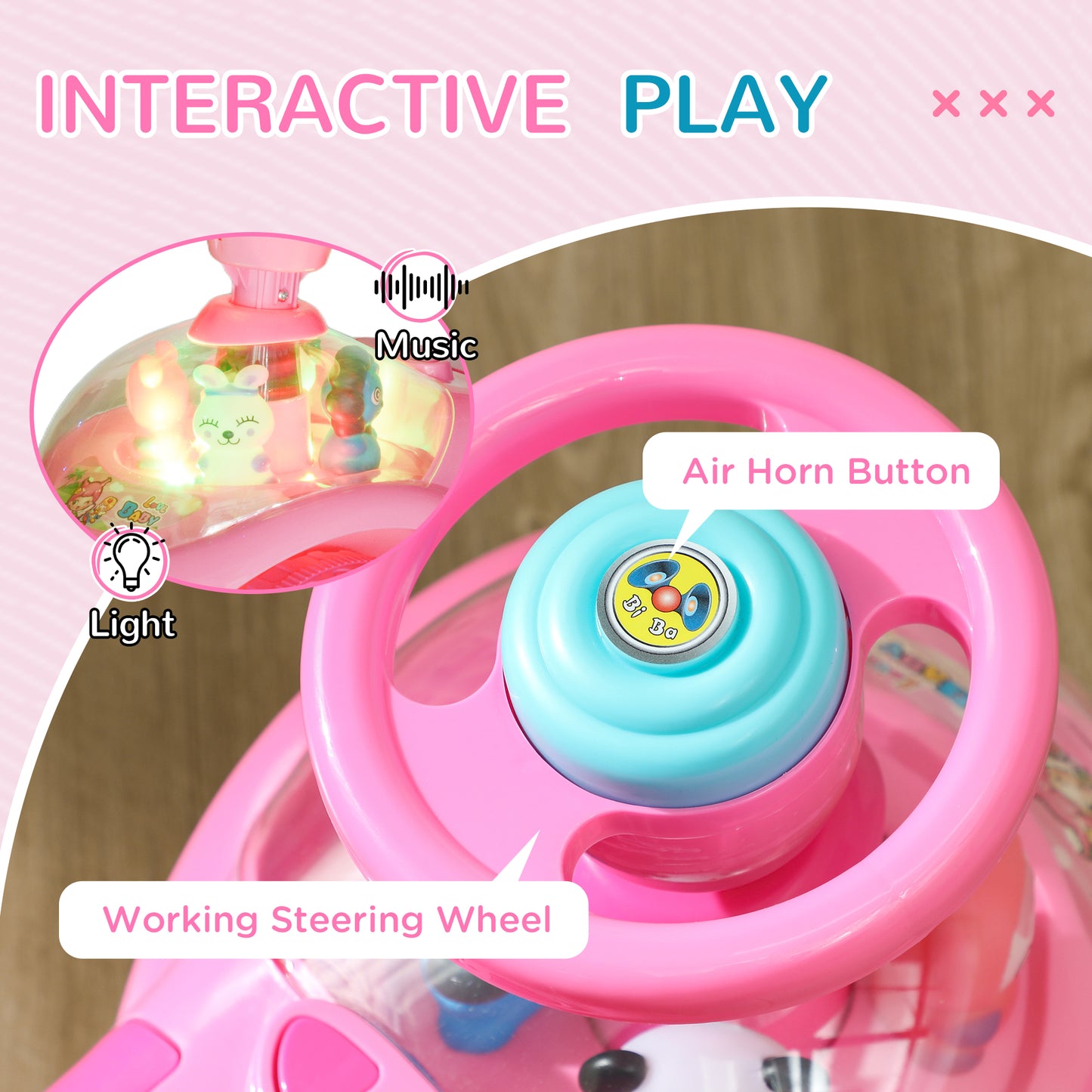 Qaba Toddlers Push Car with Horn, Light, Music, Anti-Over-Backwards Device, Steering Wheel, Under Seat Storage, Pink
