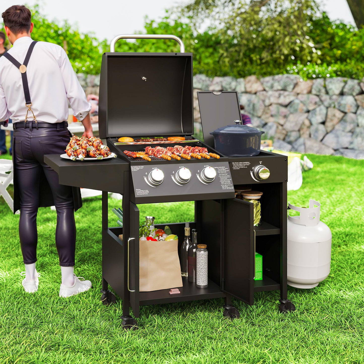 Outsunny 3 Burner Gas Grill with Side Burner, 9.5 KW Propane BBQ Grill, Cabinet Style with Shelves, Wheels, Instant Ignition