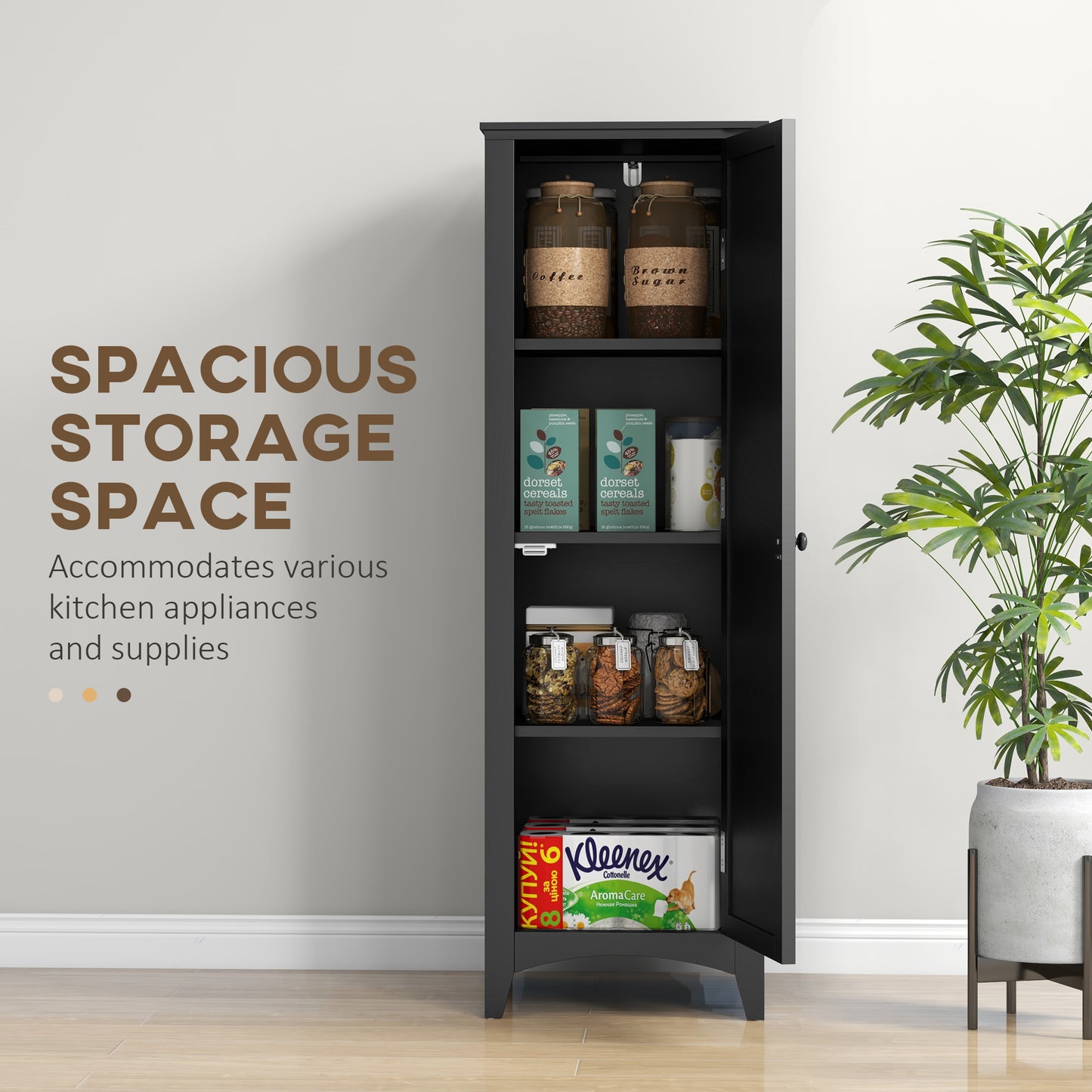 HOMCOM 48" Kitchen Pantry Storage Cabinet, Single Door Kitchen Cabinet with 4 Tier Shelving and Adjustable Shelves, White