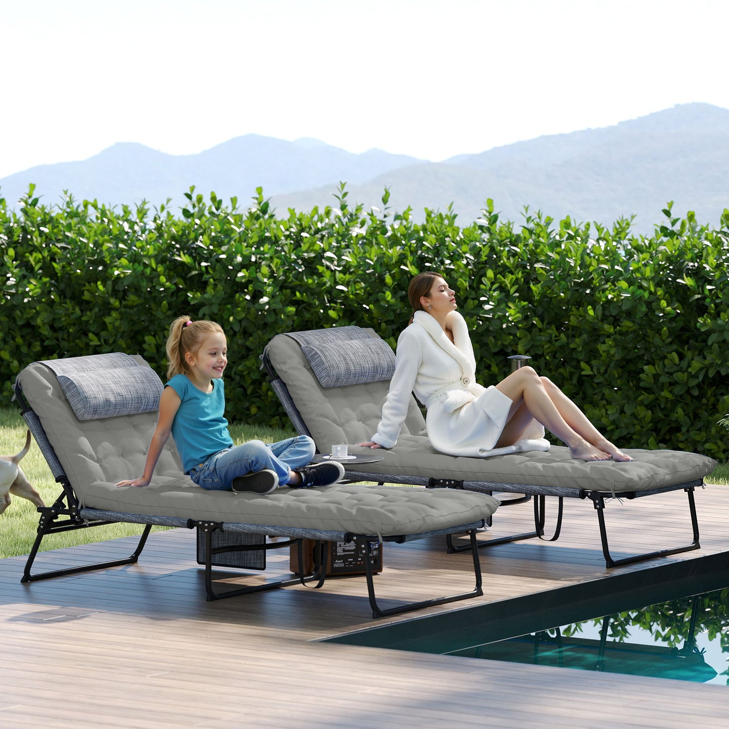 Outsunny 2-Piece Folding Lounge Chairs with Adjustable Backrest, Tanning Chair with Cushion, Side Pocket, Headrest, Grey