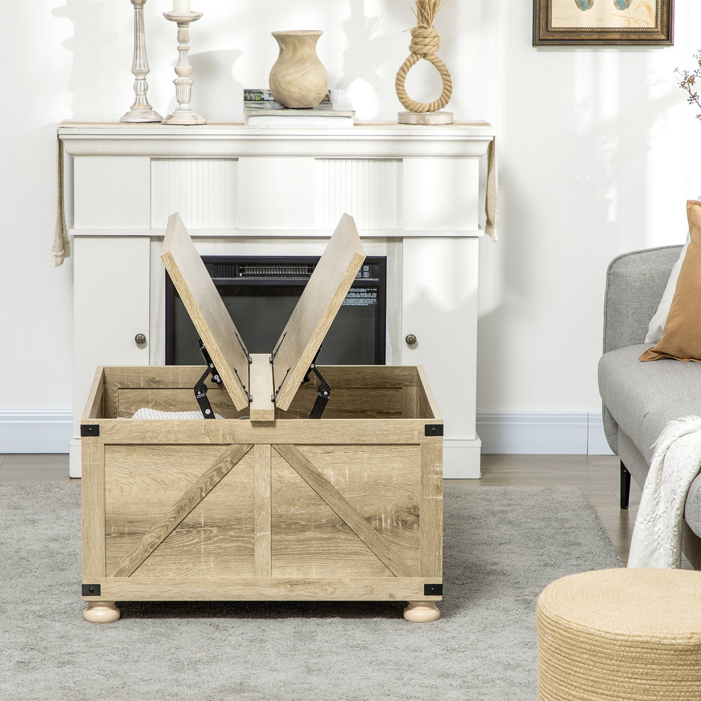 HOMCOM Farmhouse Coffee Table, Square Center Table with Flip-top Lids, Hidden Storage Compartment and Wooden Legs, Oak