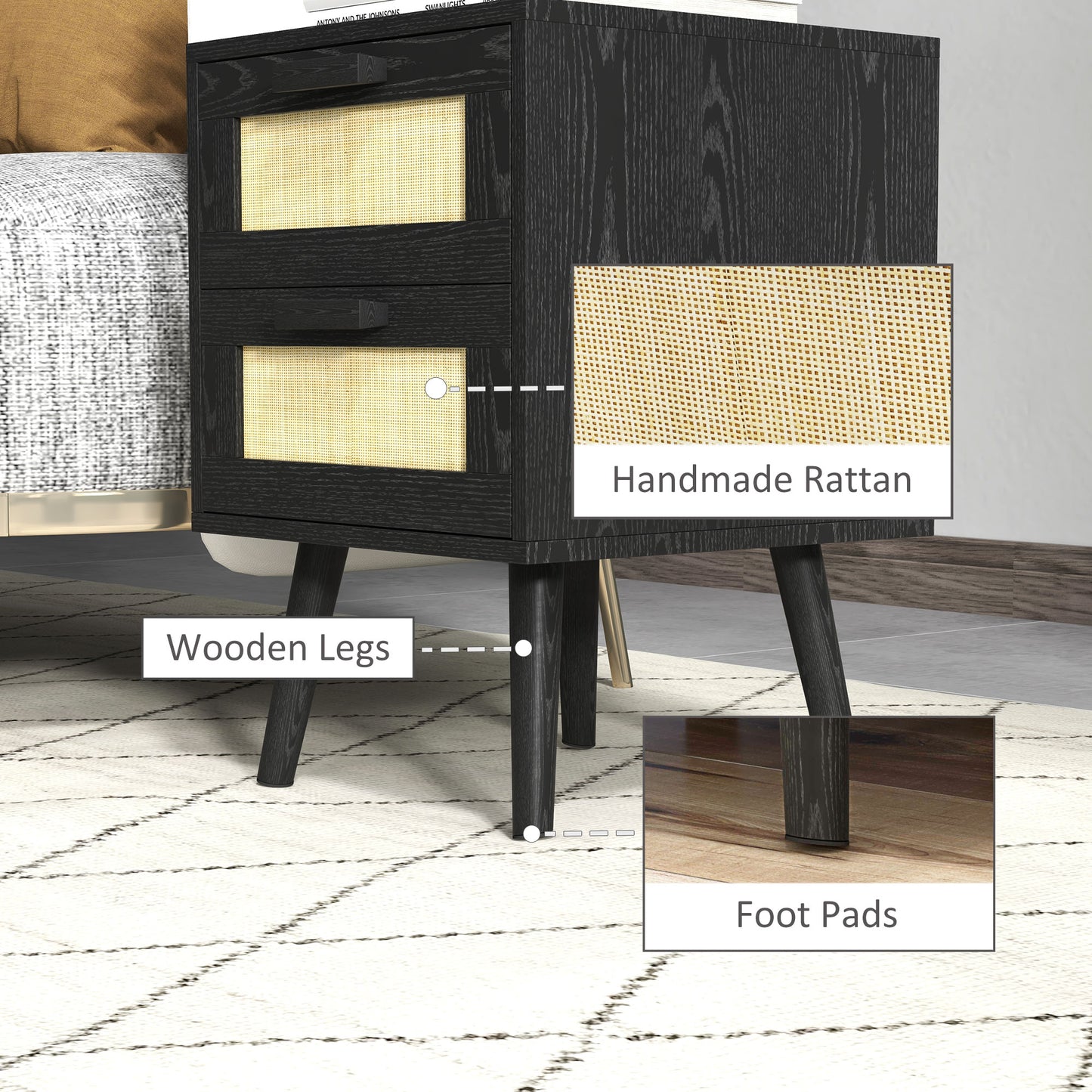 HOMCOM Boho Design Nightstand Set of 2, Side End Table with 2 Drawers for Living Room, Bedroom