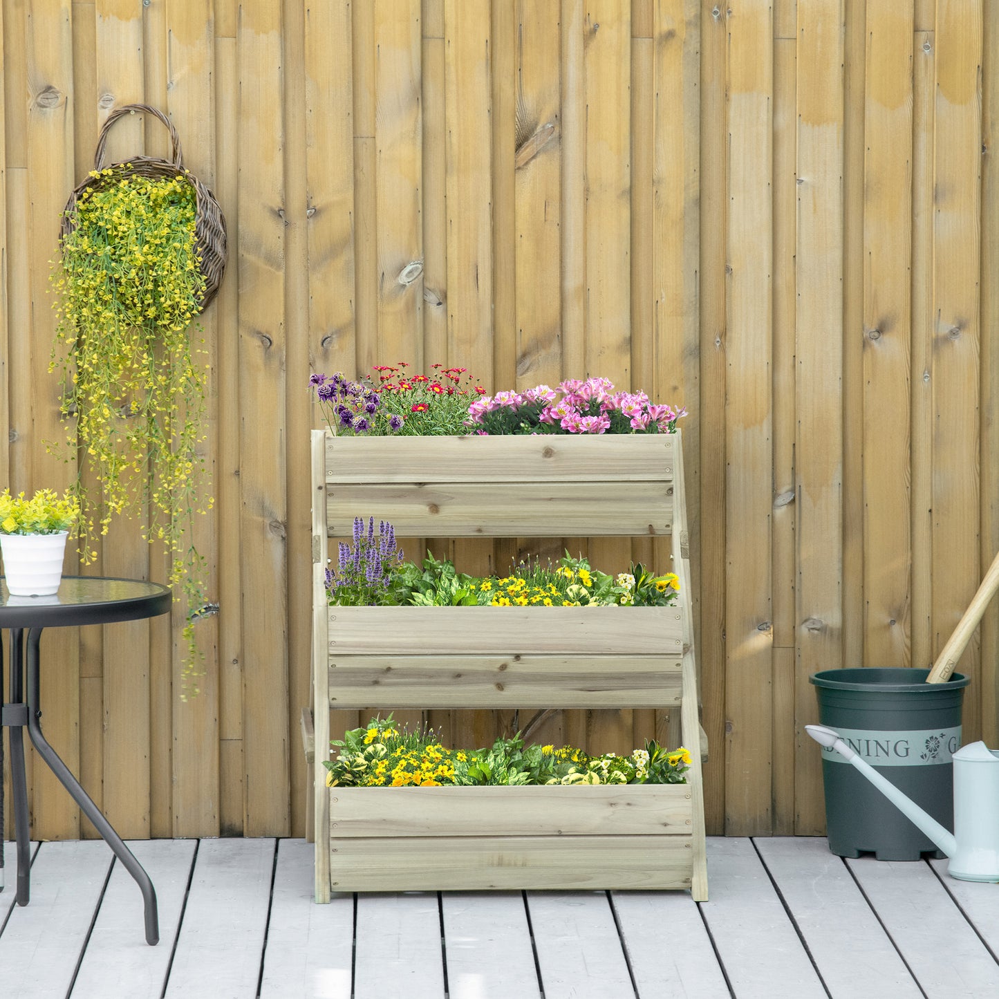 Outsunny 3 Tier Elevated Planter Box, Vertical Wooden Raised Garden Bed for Flowers, Vegetables, Herbs, 26" x 30" x 30", Green