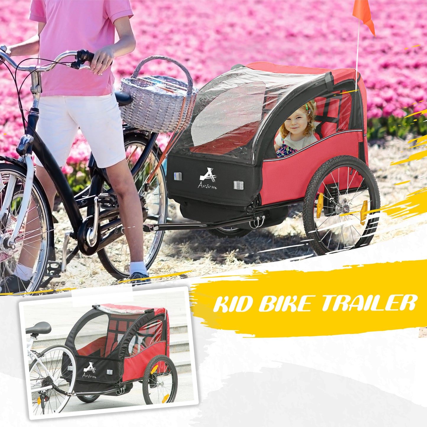 Aosom 2 Seat Bike Trailer for Kids, Baby Stroller with Storage Bag, 5 Point Harness, Bicycle Trailer with 20" Wheels, Green