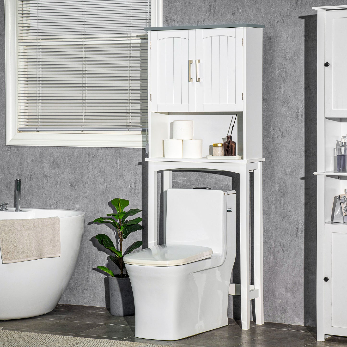 kleankin Modern Over The Toilet Storage Cabinet, Double Door Over Toilet Bathroom Organizer with Adjustable Shelf and Open Shelf, Space Saver, White