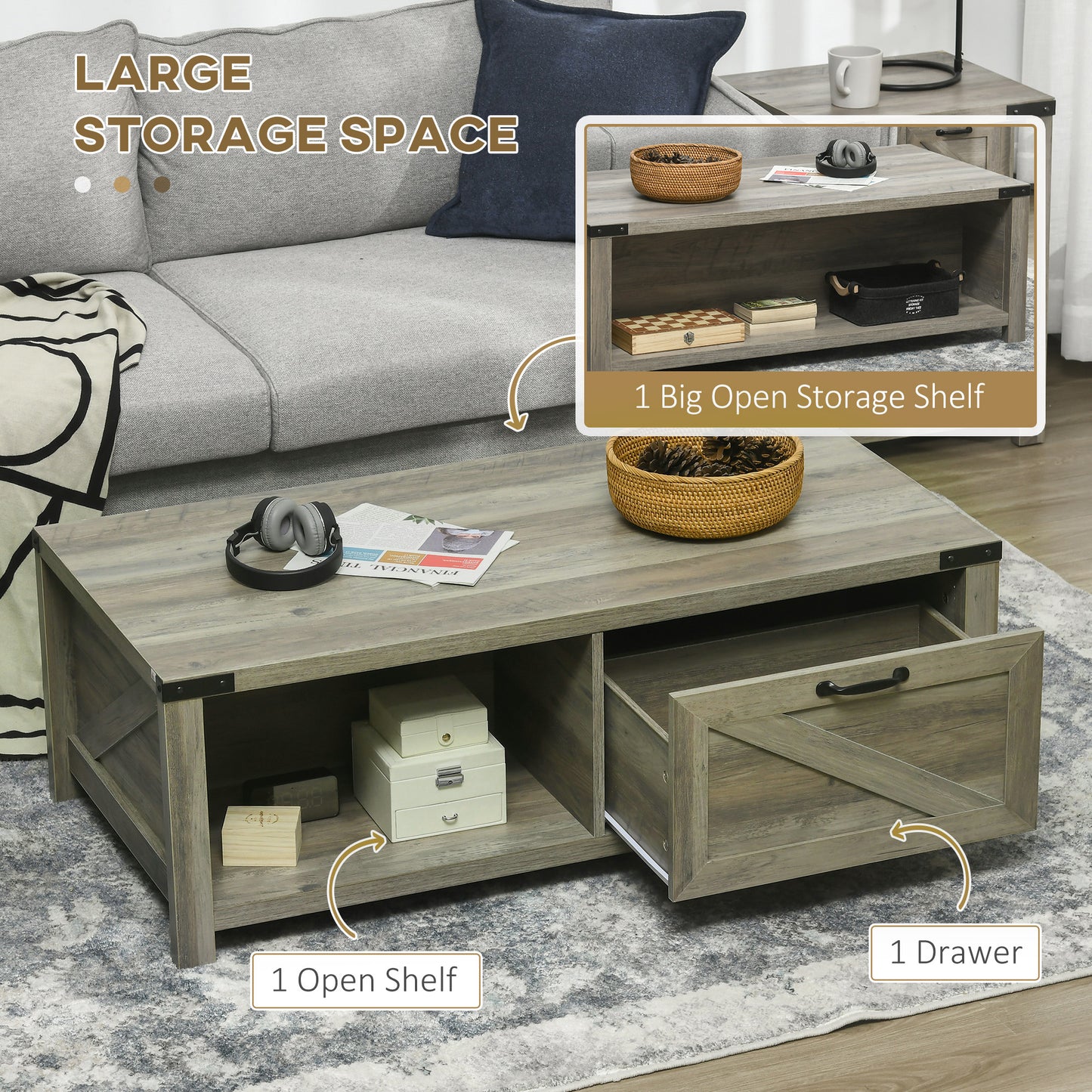 HOMCOM Industrial Coffee Table Side End Table with Drawer, Open Storage Shelf, Modern Farmhouse Furniture, for Living Room, Dining Room, Office, White Oak