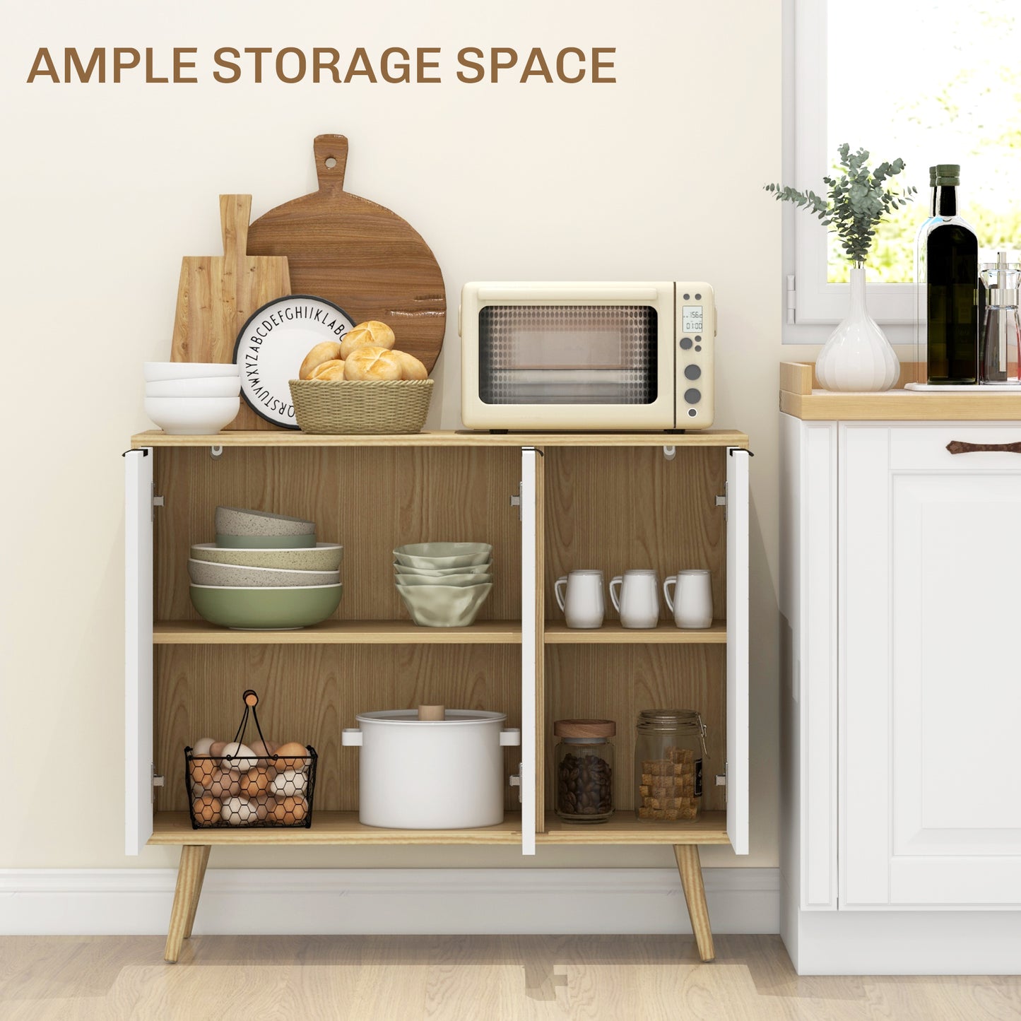 HOMCOM Modern Sideboard and Buffet, Dining Room Cabinet with Adjustable Shelves for Kitchen, Living Room, Natural