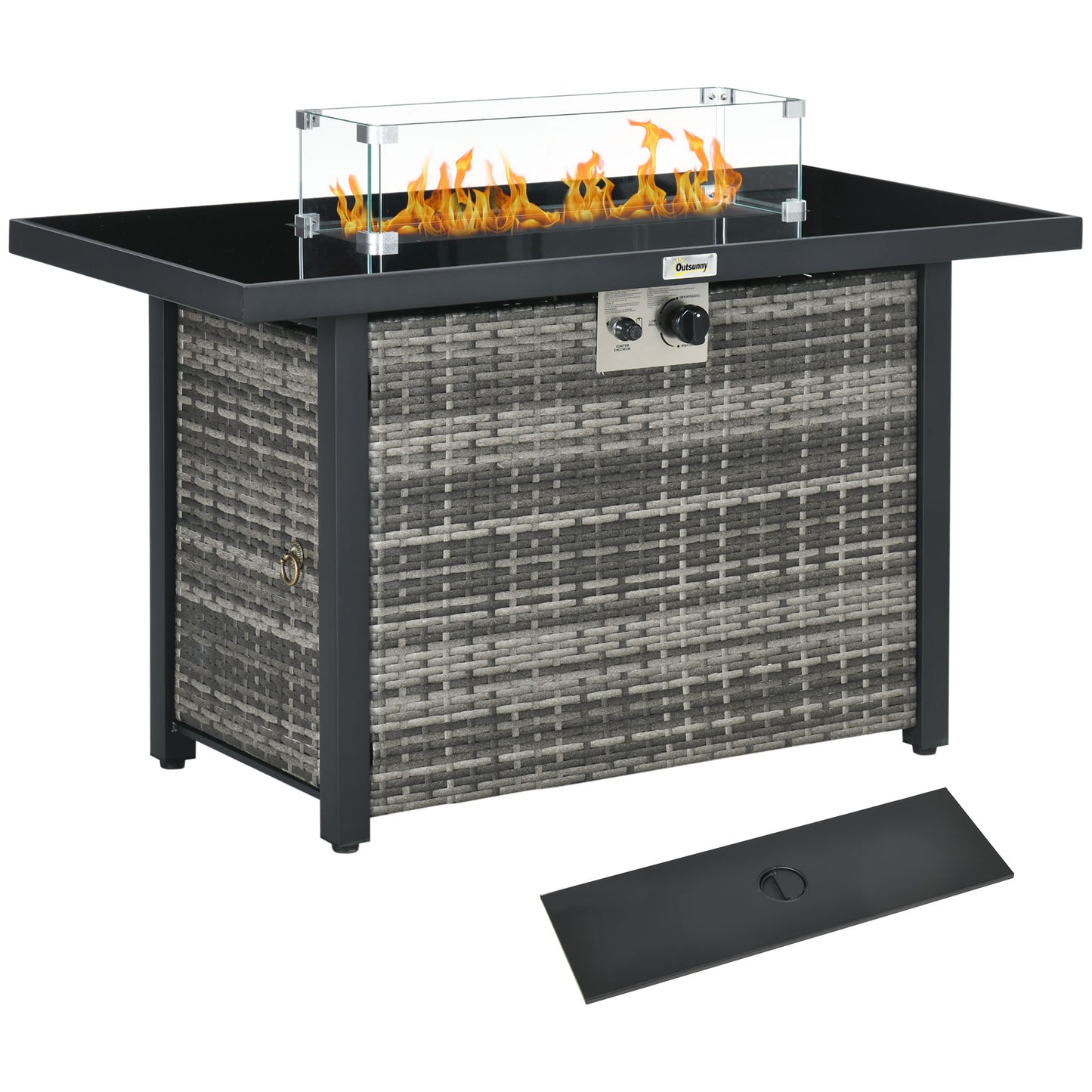 Outsunny Propane Fire Pit Table 43in Outdoor Fire Table, 50,000 BTU Pulse-Ignition Wicker Firepit Furniture with Glass Wind Guard, Blue Glass Rock, CSA Certification, Black