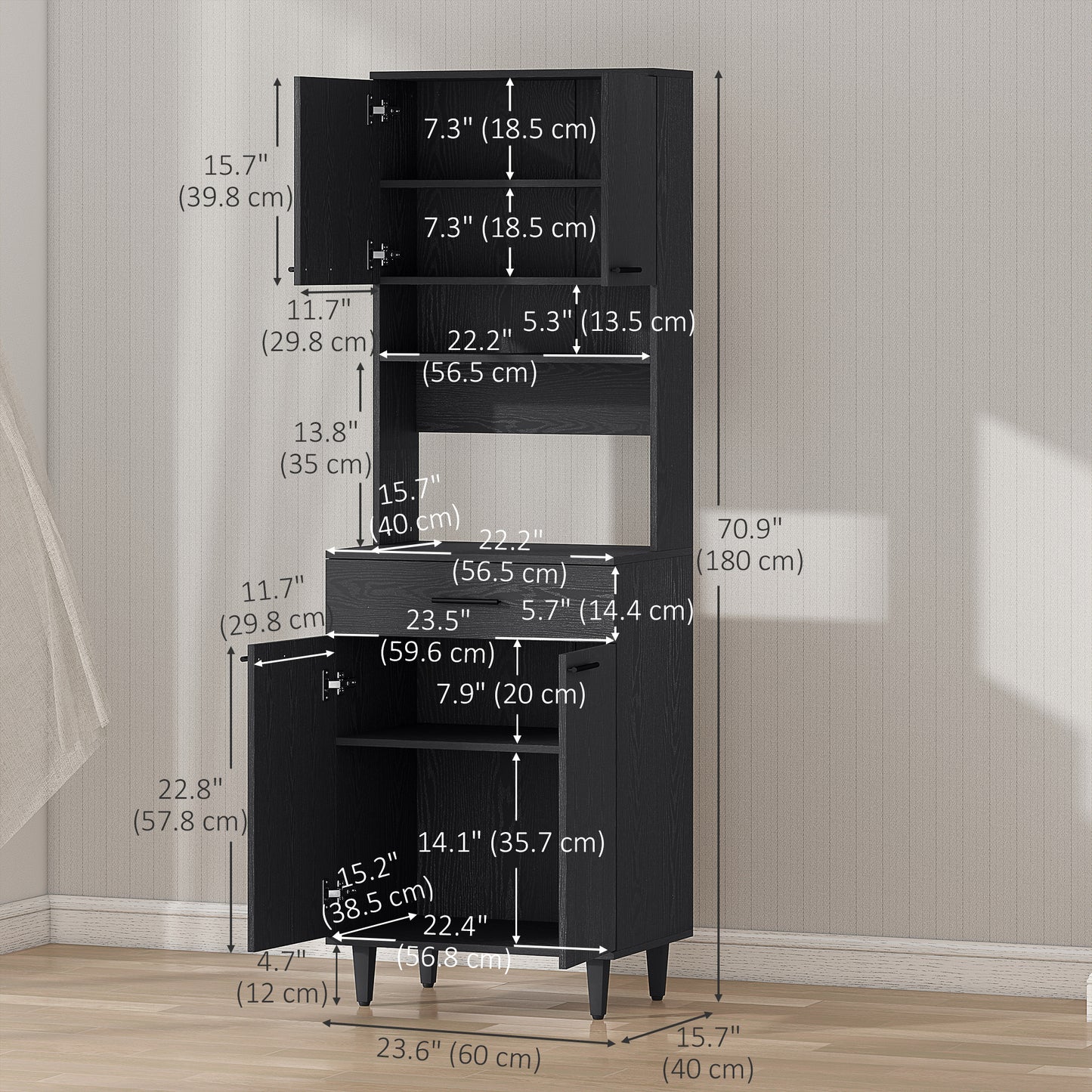 HOMCOM Modern Kitchen Buffet with Hutch Wooden Storage Cupboard with Microwave Counter 2 Cabinet and Drawer for Dining Room Living Room Black