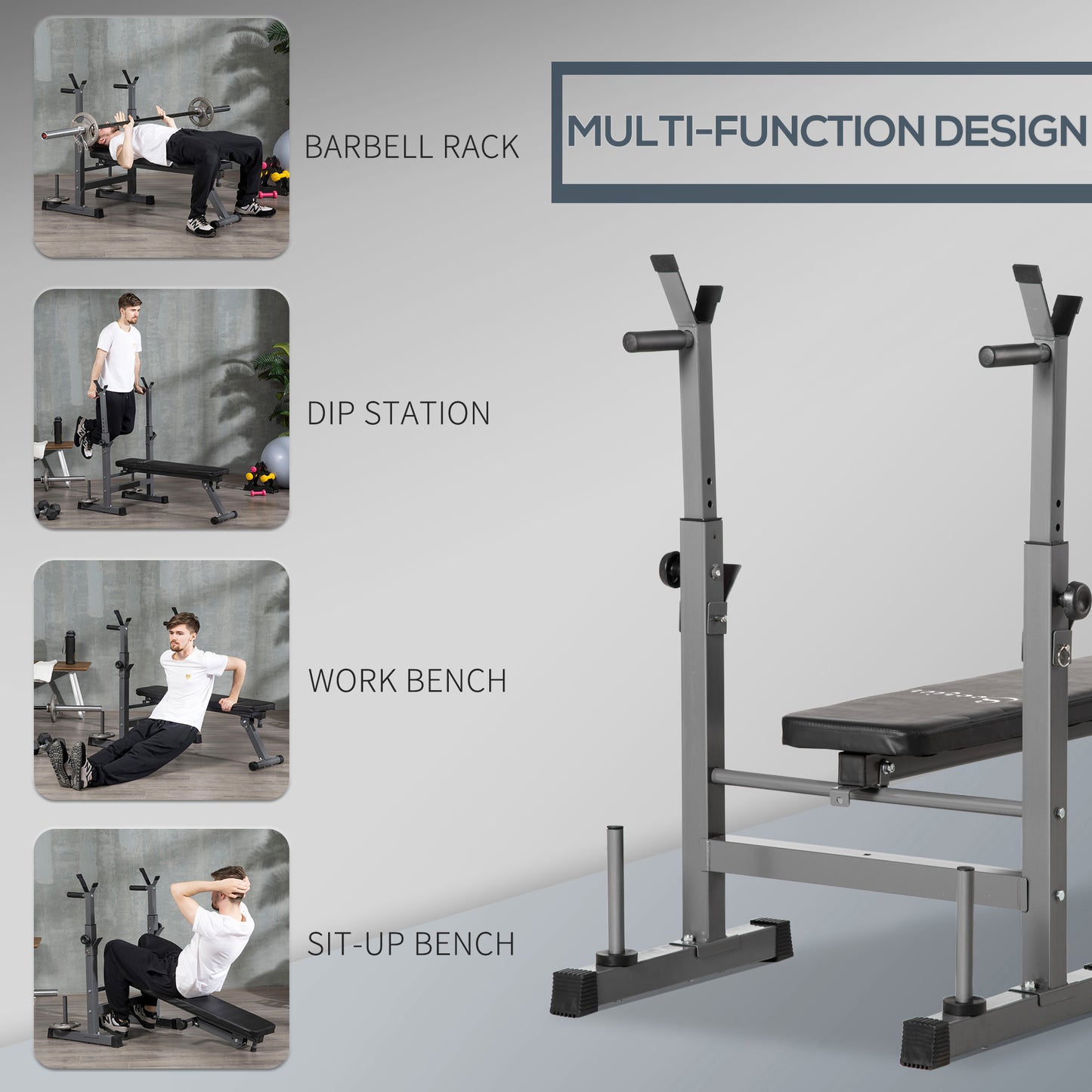 Soozier Adjustable Weight Bench, Foldable Bench Press with Barbell Rack and Dip Station for Home Gym, Strength Training Multiuse Workout Bench, Black and Grey