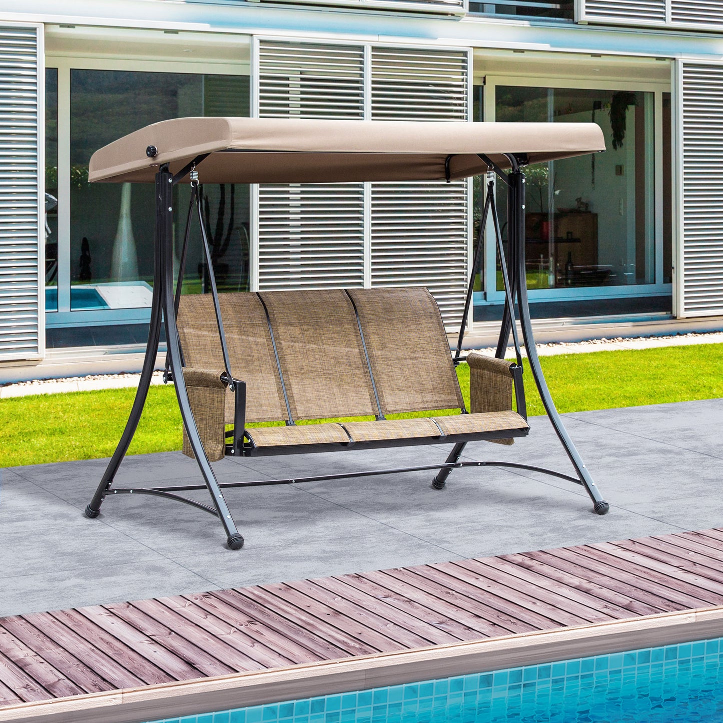 Outsunny 3 Person Porch Swing Outdoor Swing Chair with High Back Design, Side Pouches and Adjustable Canopy, Dark Grey